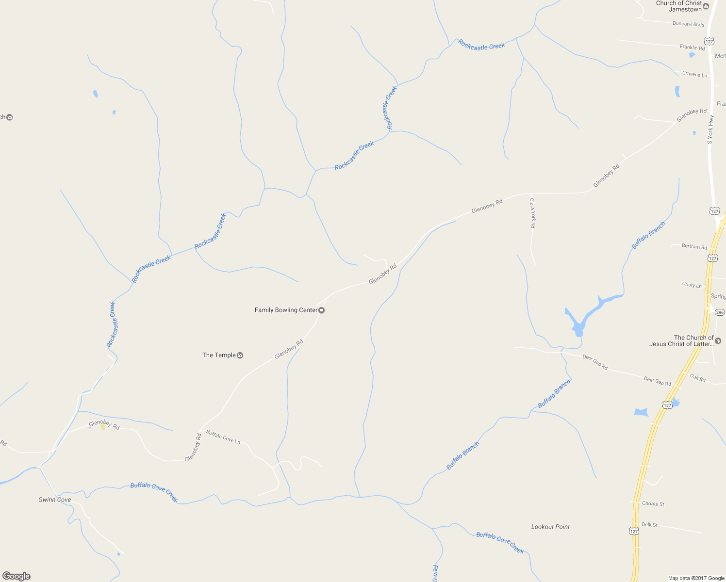 map of restaurants, bars, coffee shops, grocery stores, and more near 1525 Glenobey Road in Jamestown