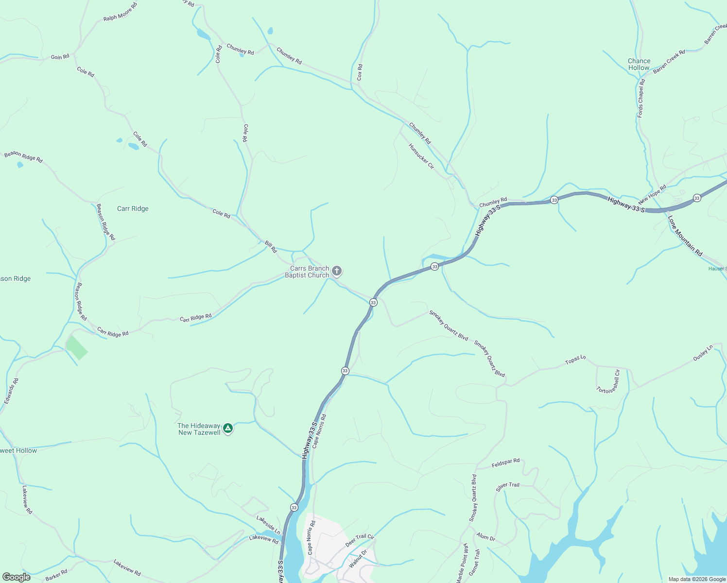 map of restaurants, bars, coffee shops, grocery stores, and more near 106 Carr Ridge Road in New Tazewell