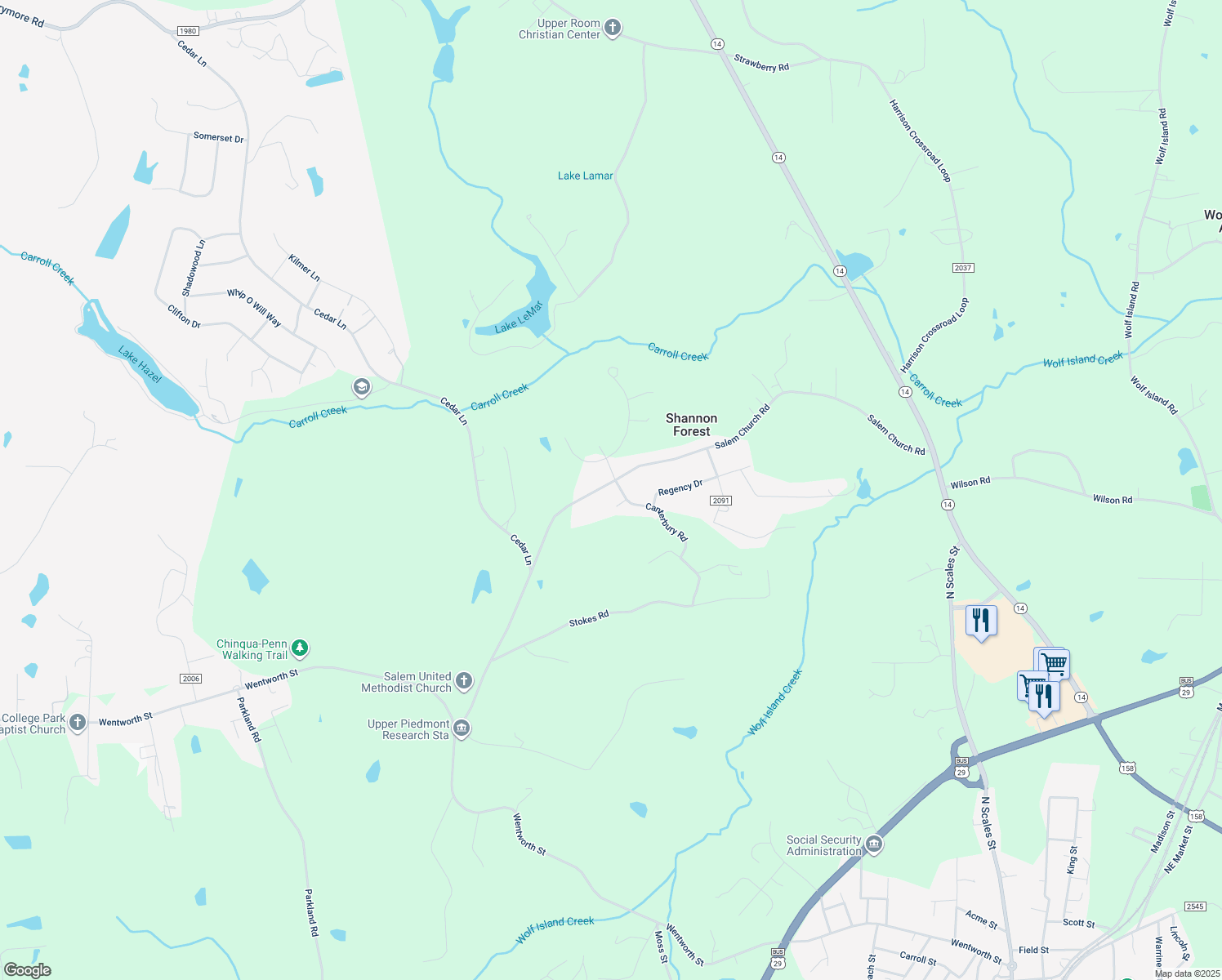 map of restaurants, bars, coffee shops, grocery stores, and more near 674 Salem Church Road in Reidsville
