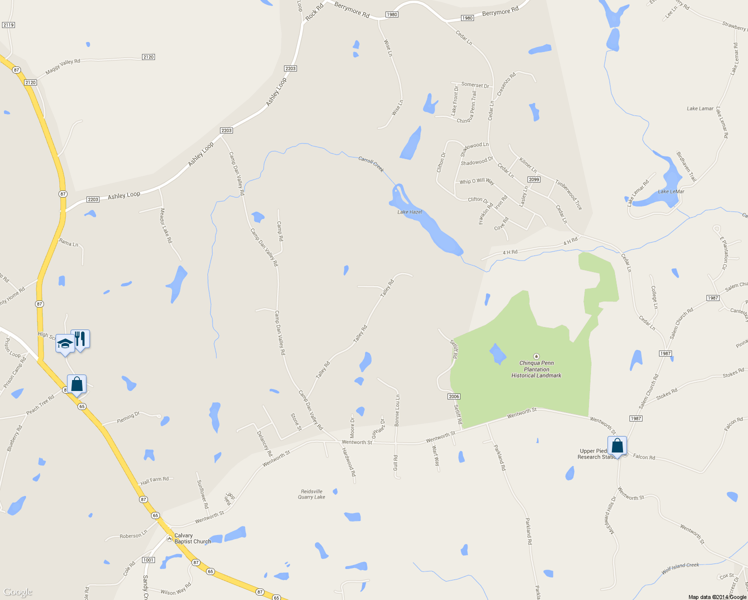 map of restaurants, bars, coffee shops, grocery stores, and more near 410 Talley Road in Reidsville
