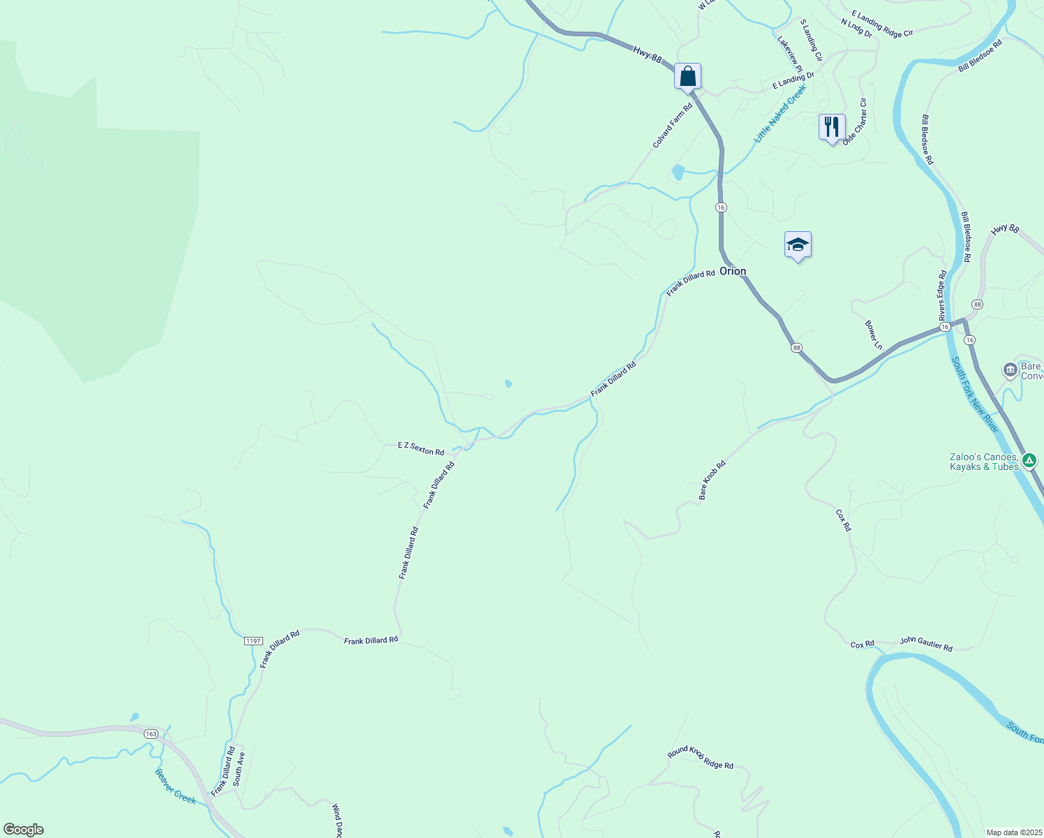 map of restaurants, bars, coffee shops, grocery stores, and more near Frank Dillard Road in Jefferson