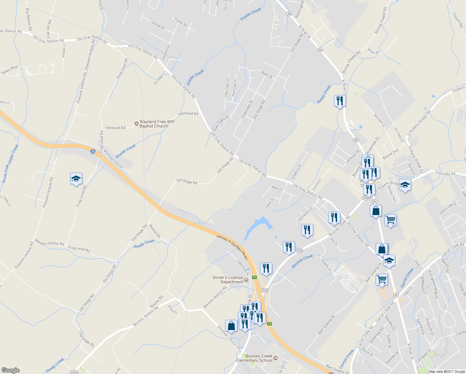 map of restaurants, bars, coffee shops, grocery stores, and more near 648 Grays Pointe Court in Johnson City