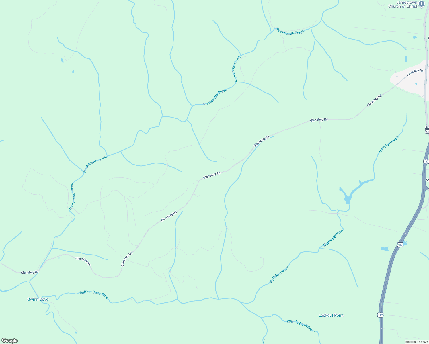 map of restaurants, bars, coffee shops, grocery stores, and more near 1525 Glenobey Road in Jamestown