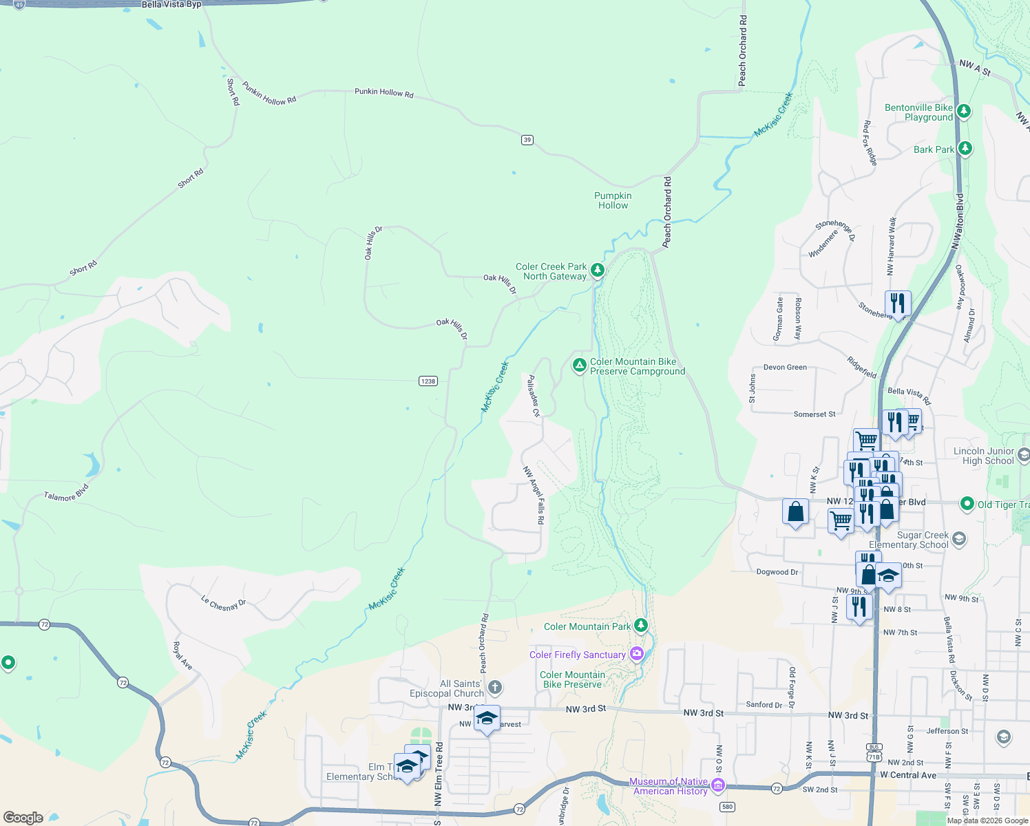 map of restaurants, bars, coffee shops, grocery stores, and more near 2905 Northwest Niagra Lane in Bentonville