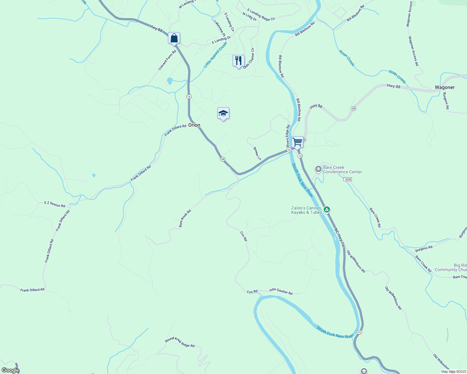 map of restaurants, bars, coffee shops, grocery stores, and more near Bare Knob Road in Ashe County