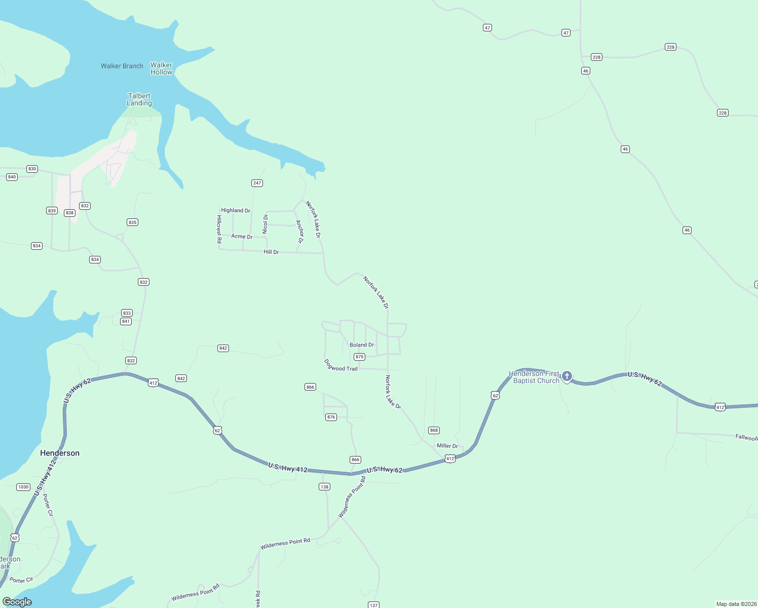 map of restaurants, bars, coffee shops, grocery stores, and more near 1545-1555 Norfork Lake Drive in Henderson