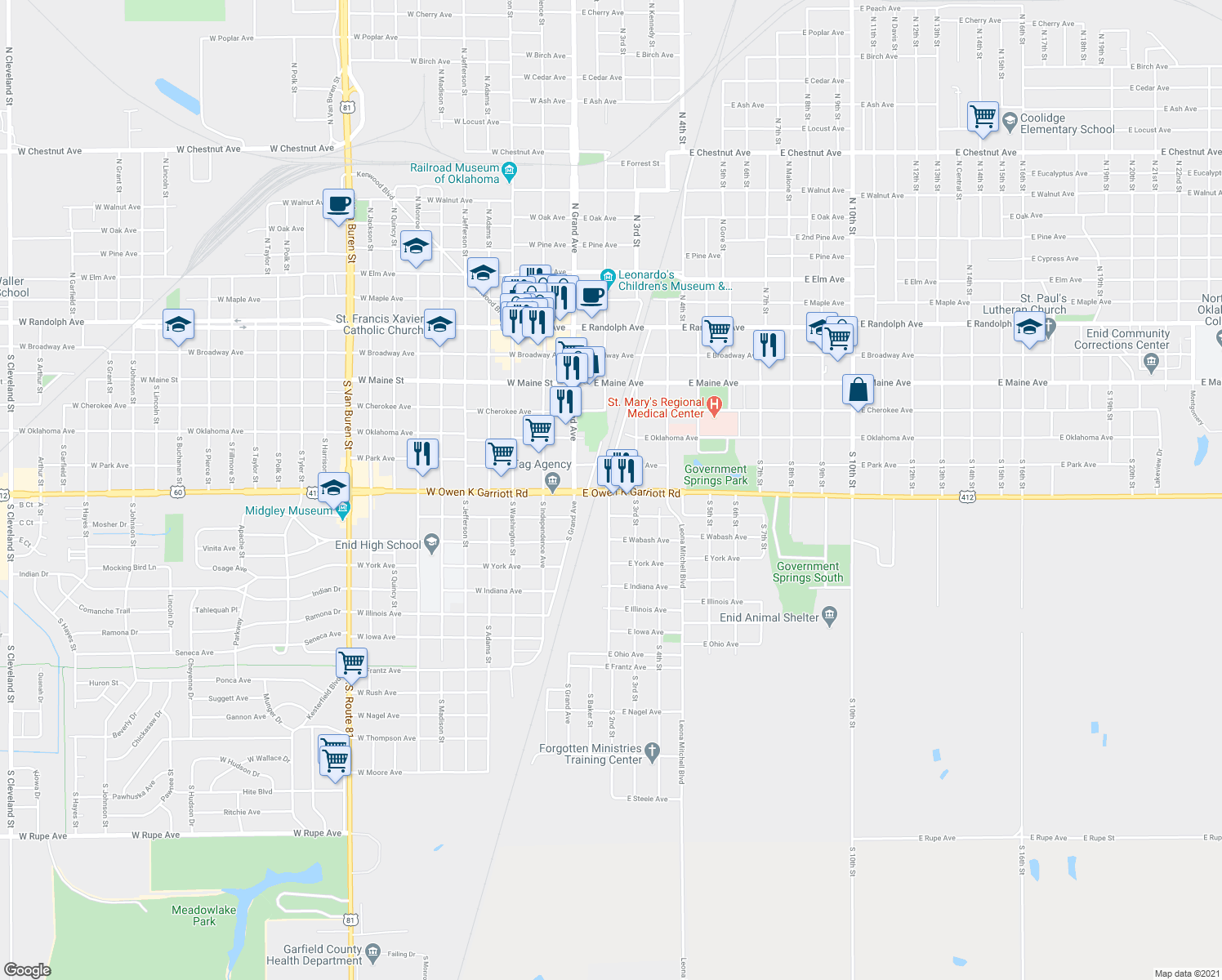 map of restaurants, bars, coffee shops, grocery stores, and more near 200 E Owen K Garriott Rd in Enid