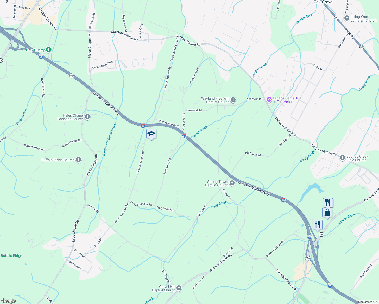 map of restaurants, bars, coffee shops, grocery stores, and more near 2273 Mountain View Drive in Johnson City