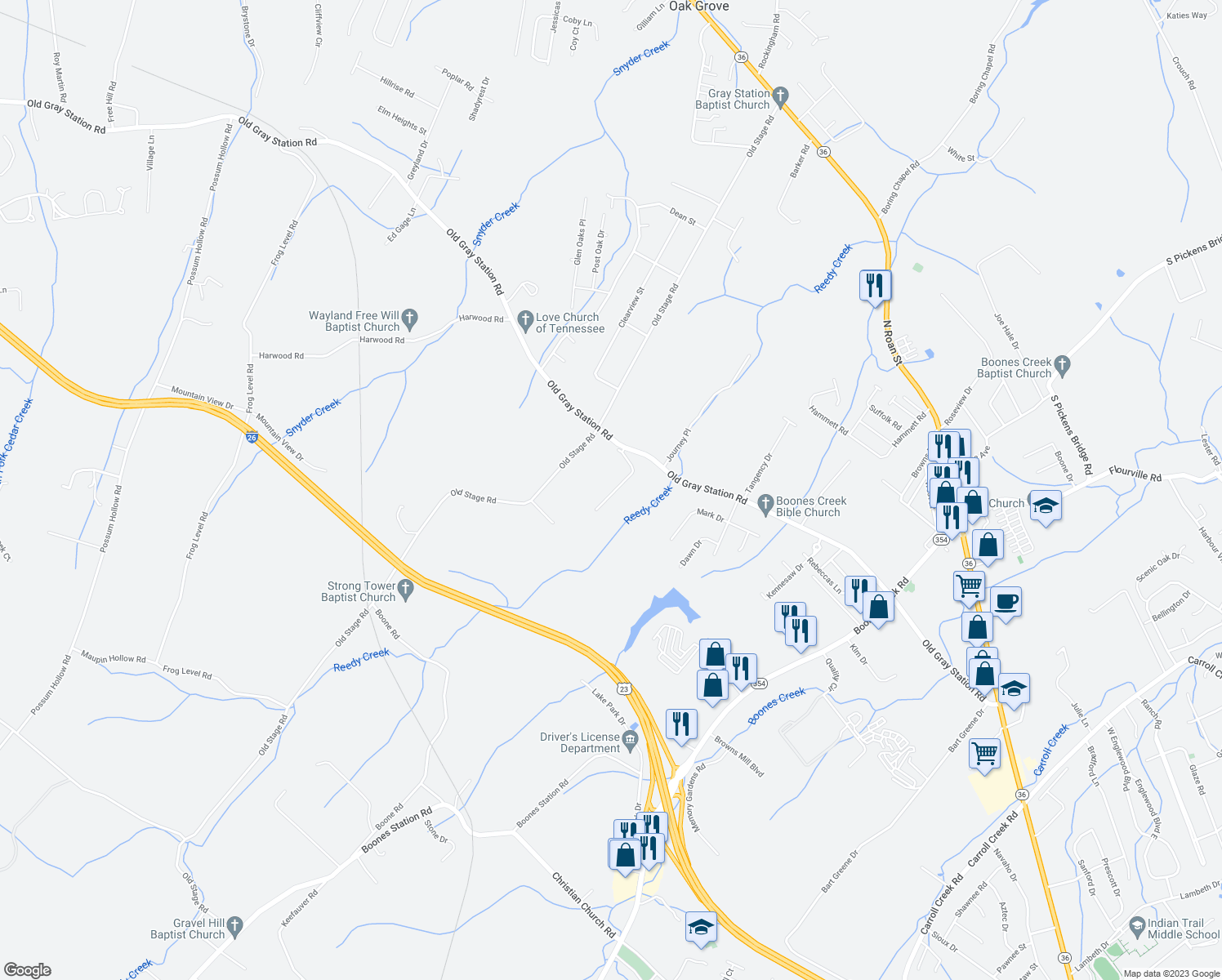 map of restaurants, bars, coffee shops, grocery stores, and more near 574 Grays Pointe Court in Johnson City
