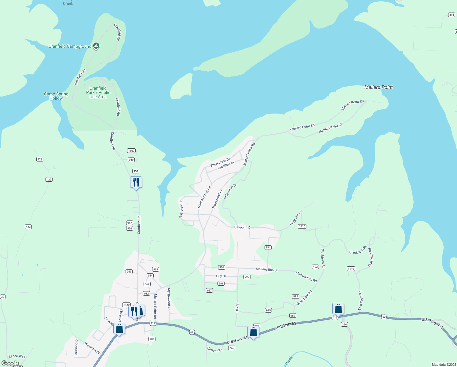 map of restaurants, bars, coffee shops, grocery stores, and more near 443 Ridgecrest Drive in Mountain Home