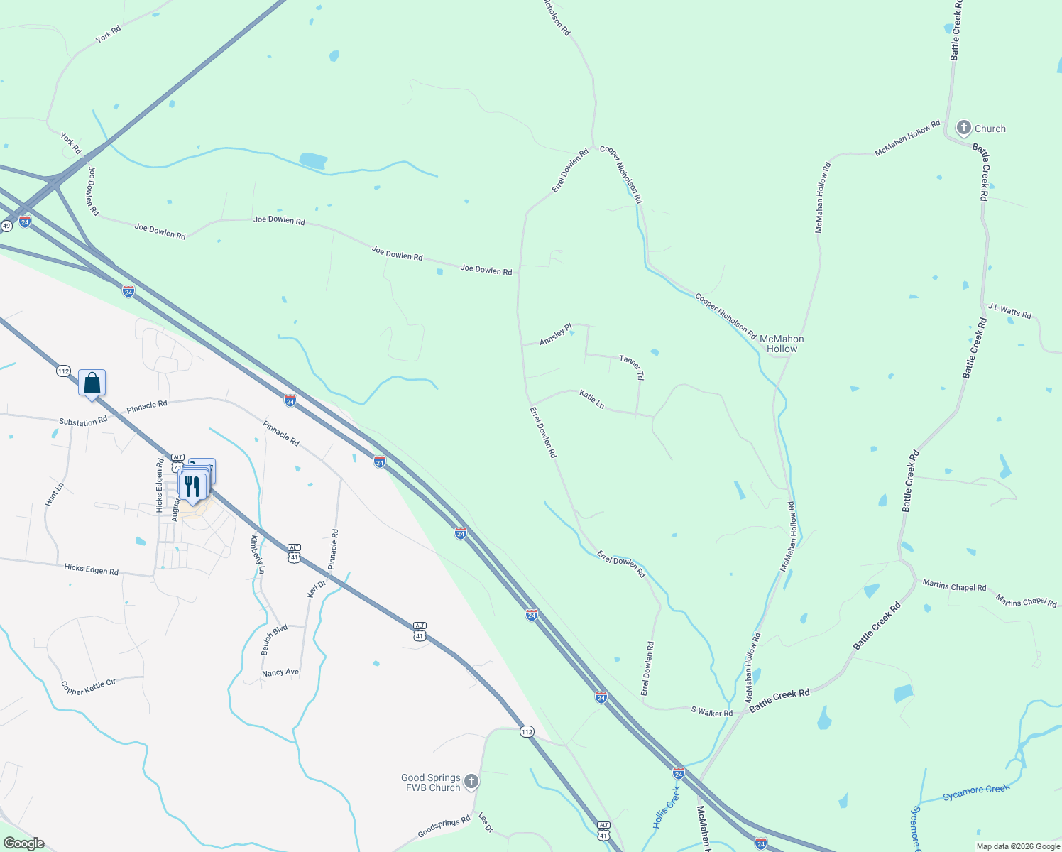map of restaurants, bars, coffee shops, grocery stores, and more near 1802 Errel Dowlen Road in Pleasant View