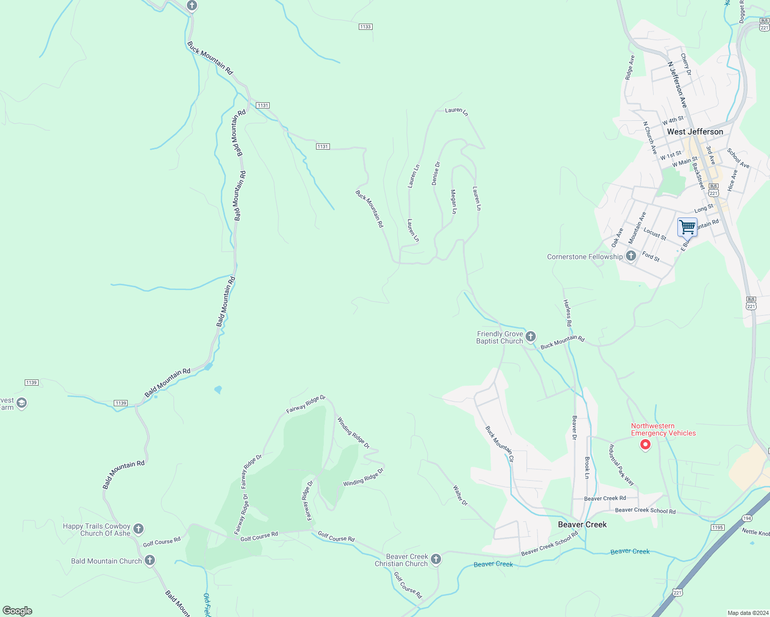 map of restaurants, bars, coffee shops, grocery stores, and more near 329 Doe Ridge Drive in West Jefferson