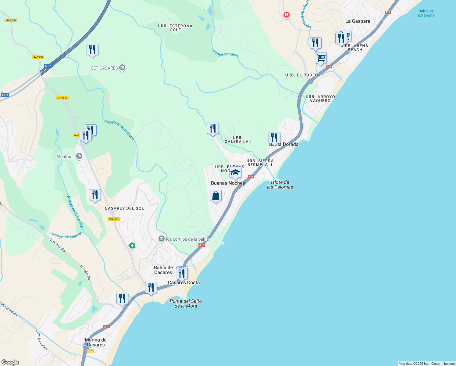 map of restaurants, bars, coffee shops, grocery stores, and more near in Buenas Noches