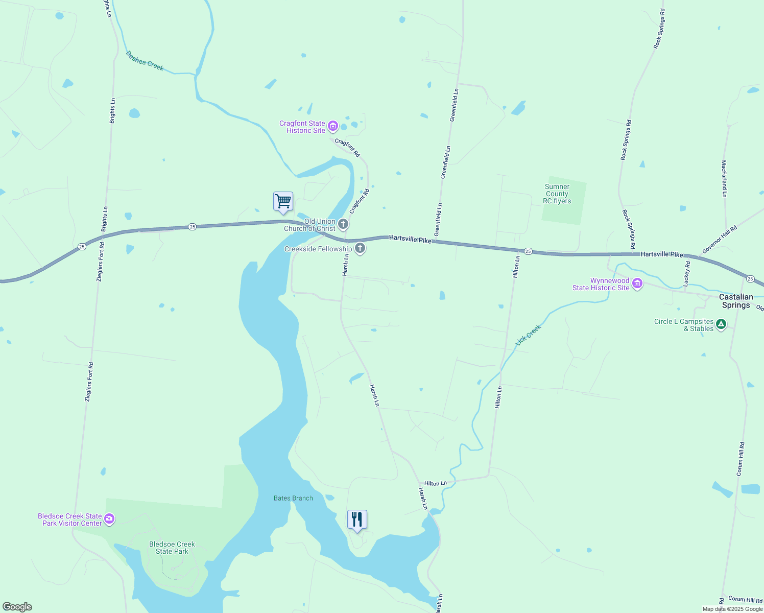 map of restaurants, bars, coffee shops, grocery stores, and more near 139B Harsh Lane in Castalian Springs