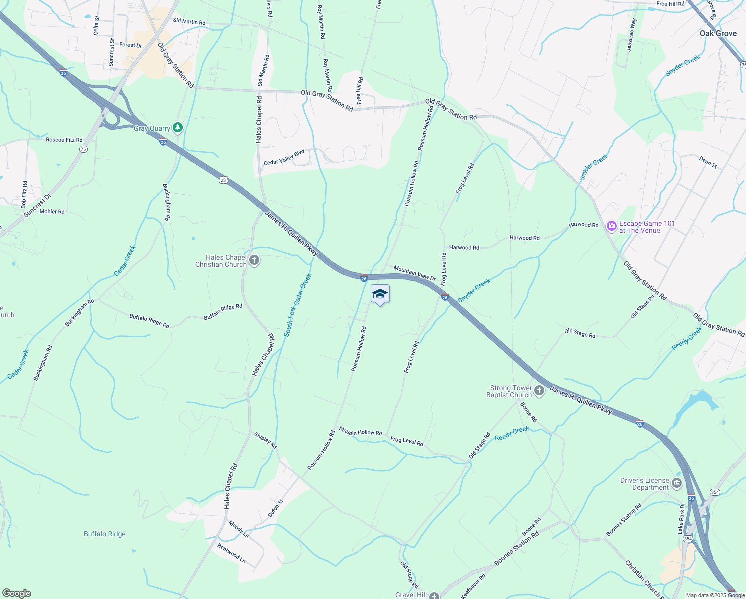 map of restaurants, bars, coffee shops, grocery stores, and more near 350 Possum Hollow Road in Johnson City