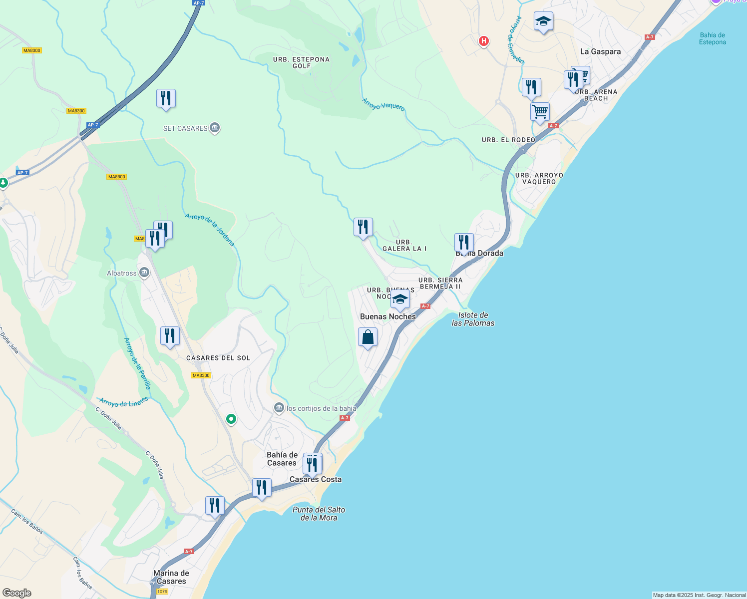 map of restaurants, bars, coffee shops, grocery stores, and more near 8F Urbanización Uen.010 Buenas Noches in Estepona