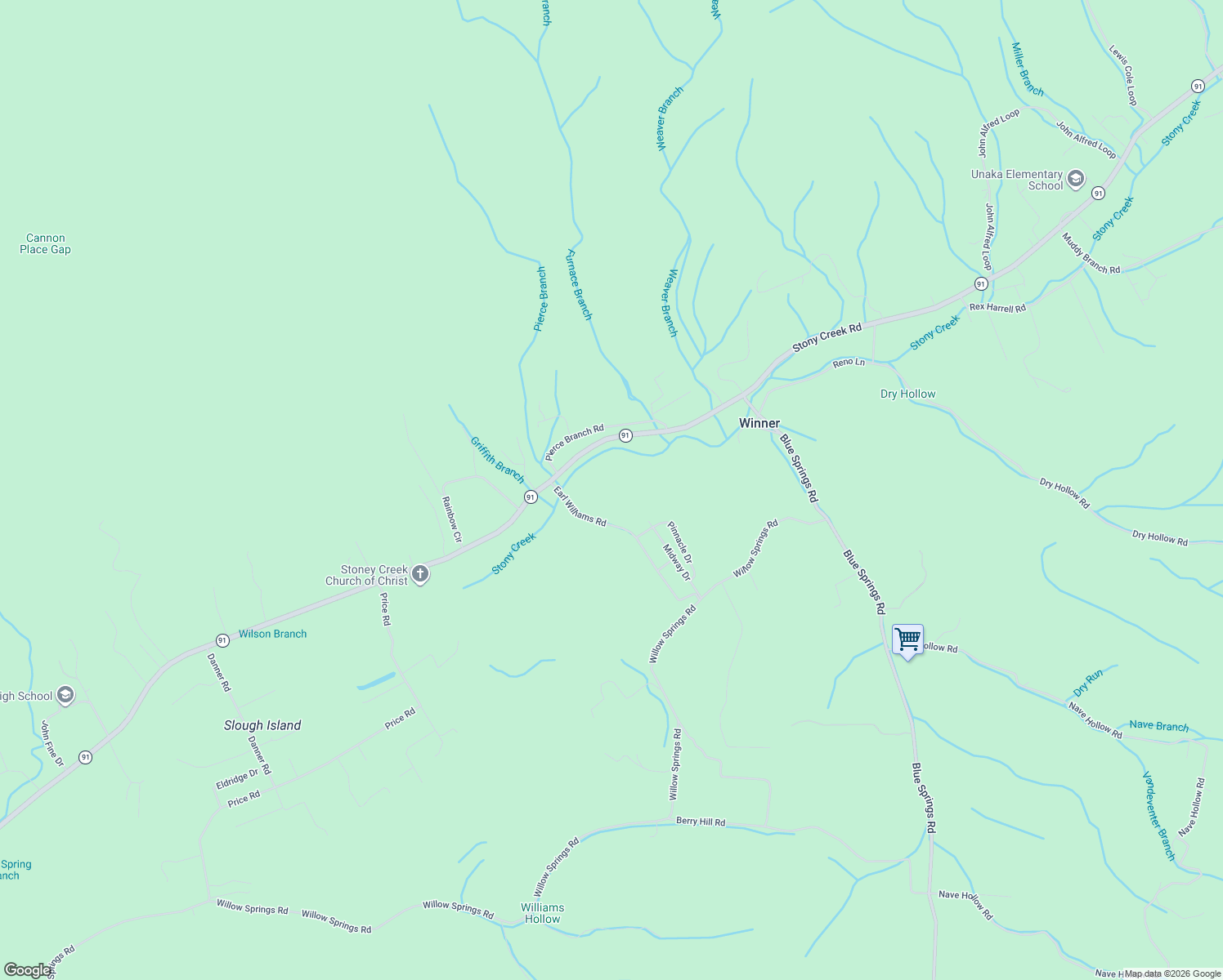 map of restaurants, bars, coffee shops, grocery stores, and more near 135 Earl Williams Road in Elizabethton