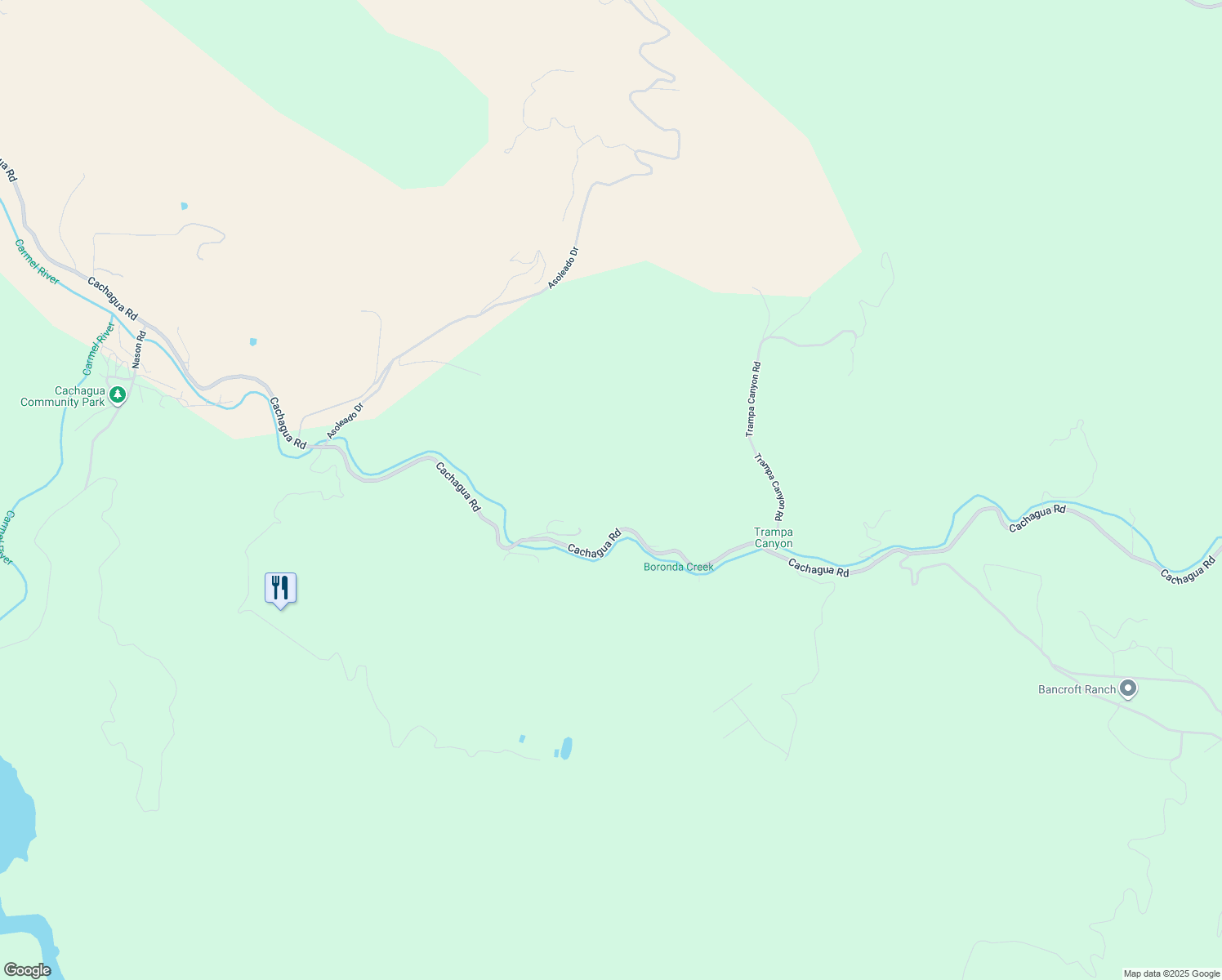 map of restaurants, bars, coffee shops, grocery stores, and more near 19235 Cachagua Road in Carmel Valley