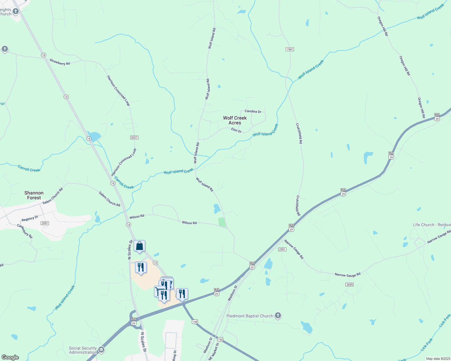 map of restaurants, bars, coffee shops, grocery stores, and more near 127 Clarence Johnson Drive in Reidsville