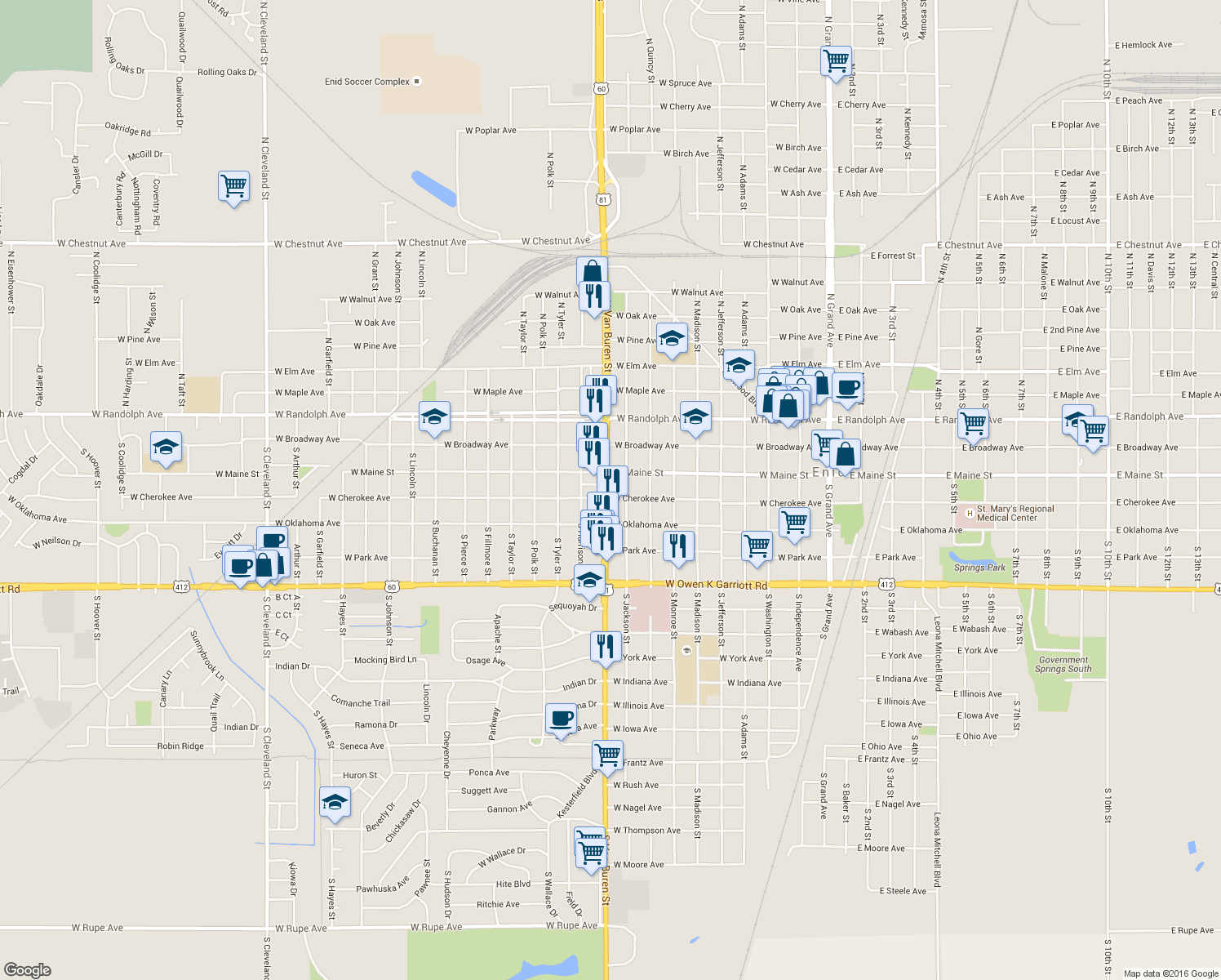 map of restaurants, bars, coffee shops, grocery stores, and more near 215 South Van Buren Street in Enid