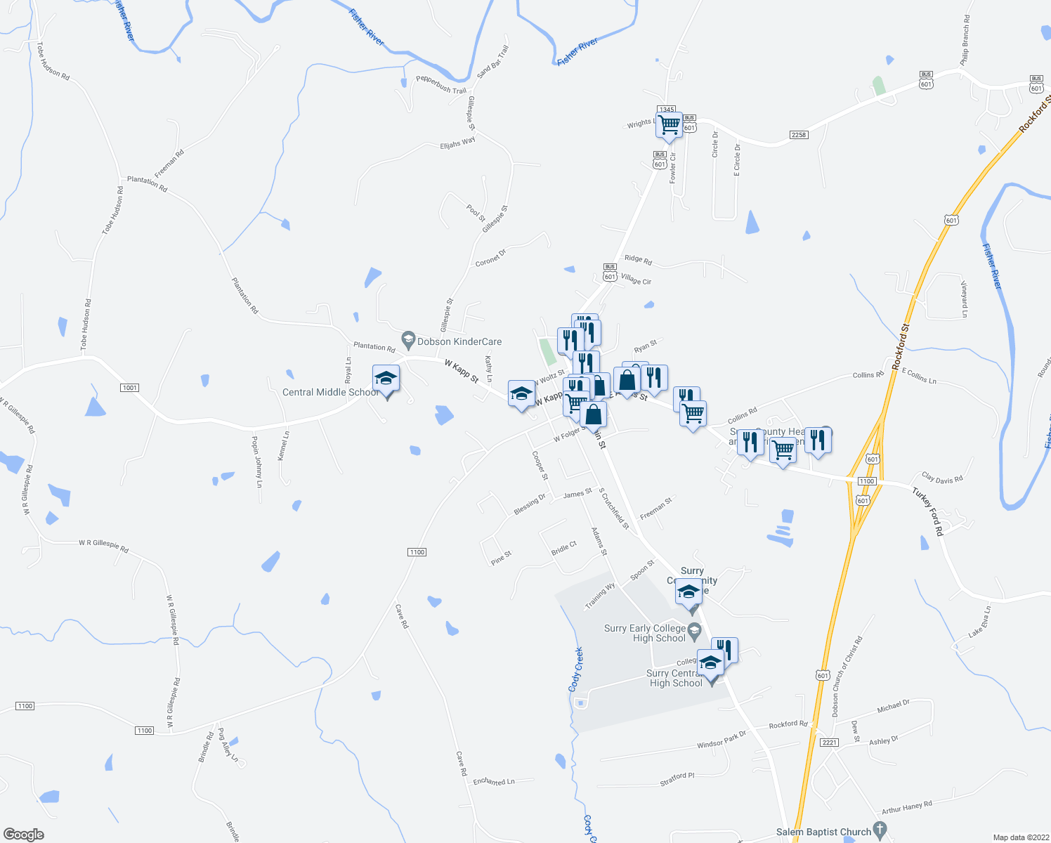 map of restaurants, bars, coffee shops, grocery stores, and more near 400 W Atkins St in Dobson