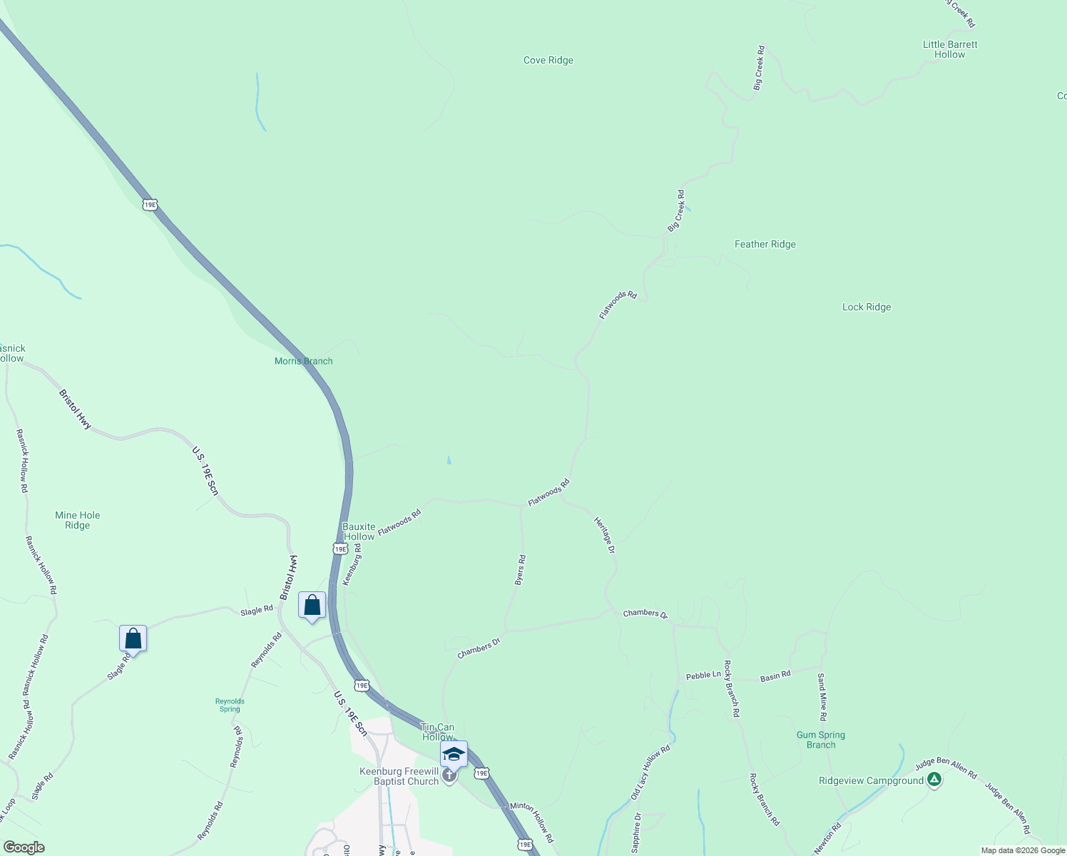 map of restaurants, bars, coffee shops, grocery stores, and more near 309 Holston Mountain Road in Elizabethton