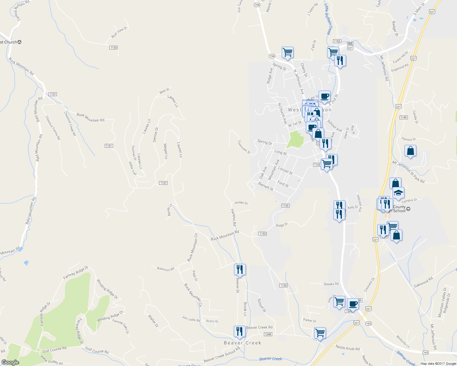 map of restaurants, bars, coffee shops, grocery stores, and more near 476 Harless Road in West Jefferson