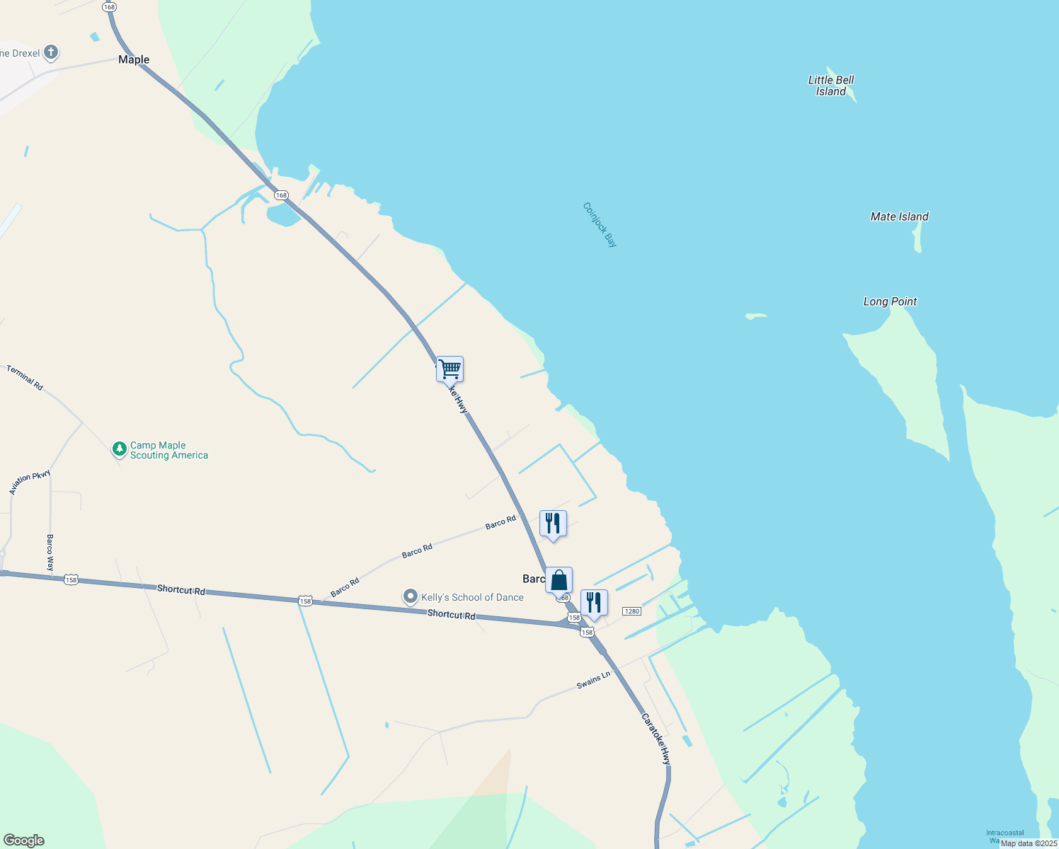 map of restaurants, bars, coffee shops, grocery stores, and more near 142 Major Island Road in Maple