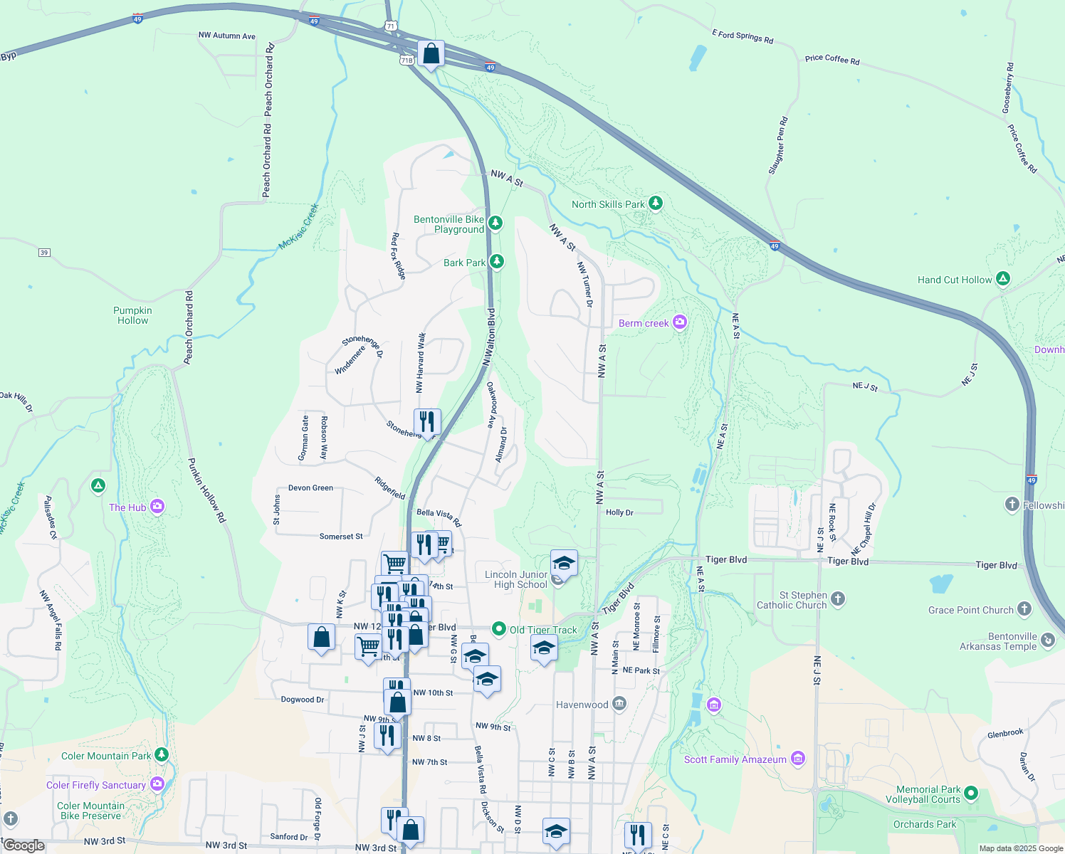 map of restaurants, bars, coffee shops, grocery stores, and more near 318 Northwest Lasalle Drive in Bentonville