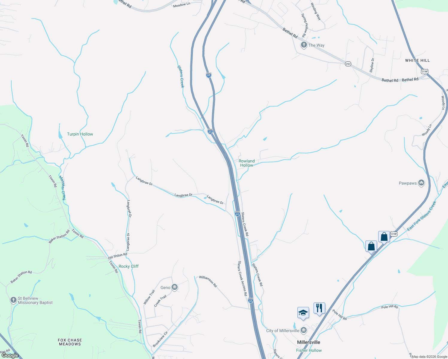 map of restaurants, bars, coffee shops, grocery stores, and more near Slaters Creek Access Road in Goodlettsville