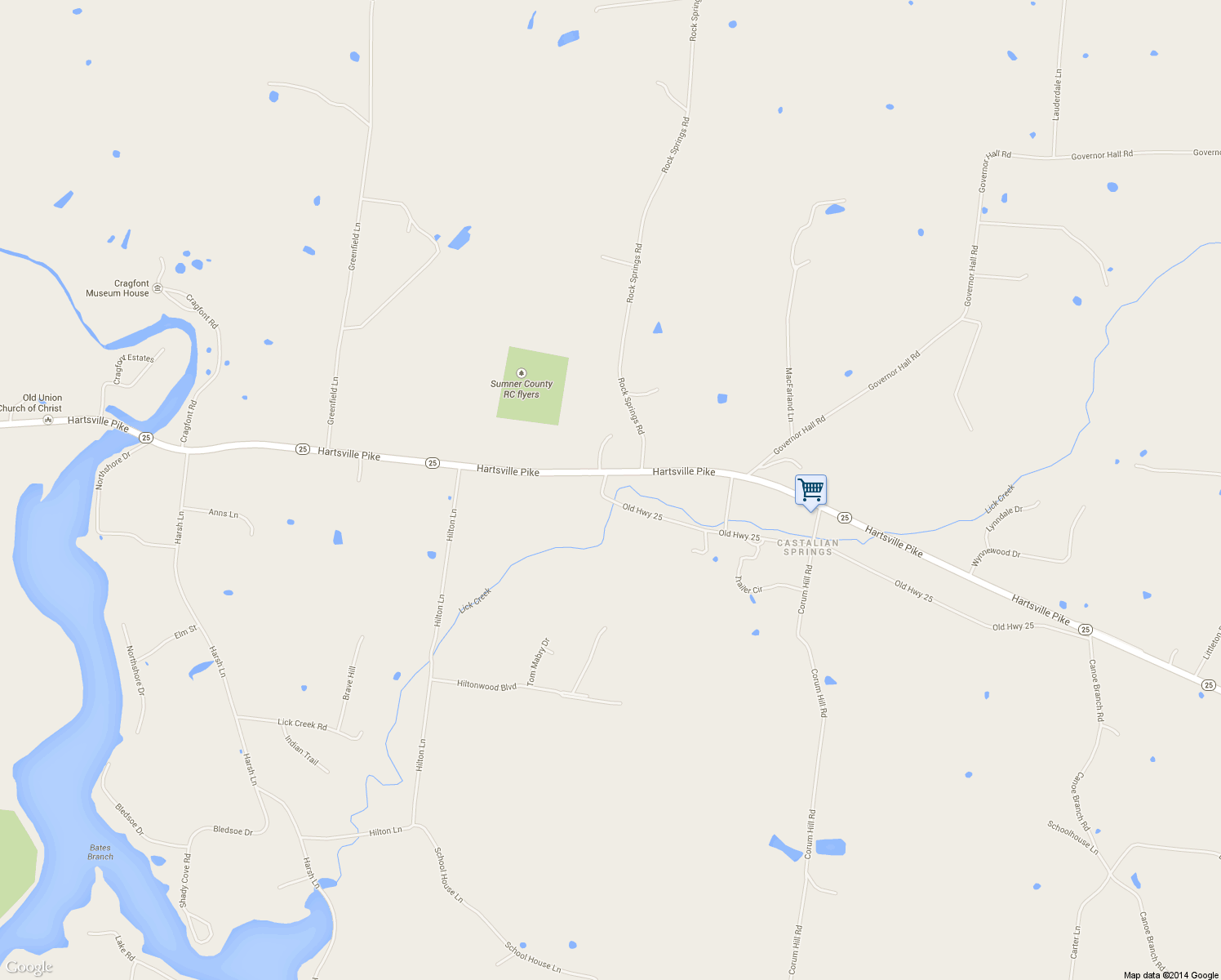 map of restaurants, bars, coffee shops, grocery stores, and more near 111 Old Highway 25 in Castalian Springs