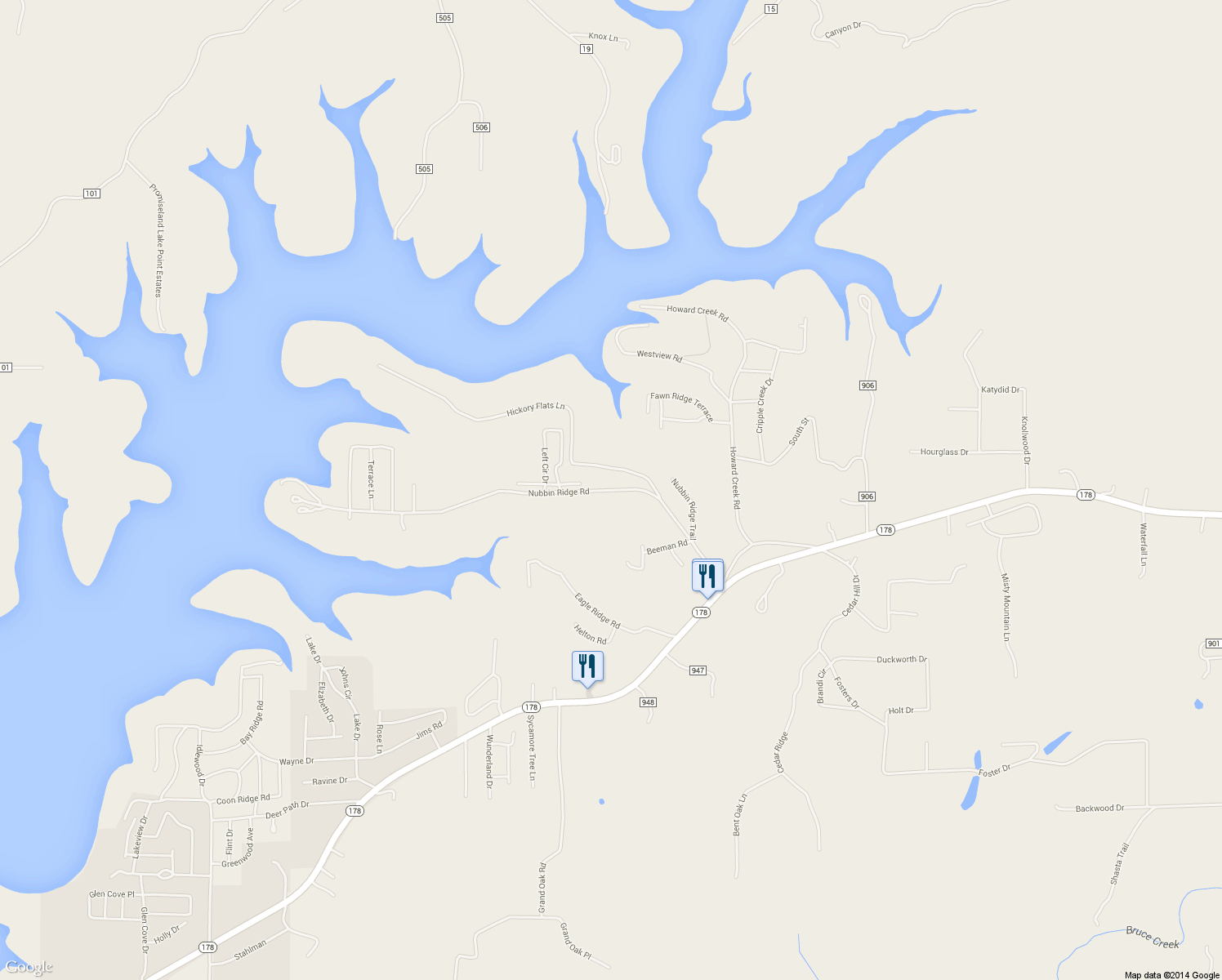 map of restaurants, bars, coffee shops, grocery stores, and more near 483 Nubbin Ridge Road in Lakeview