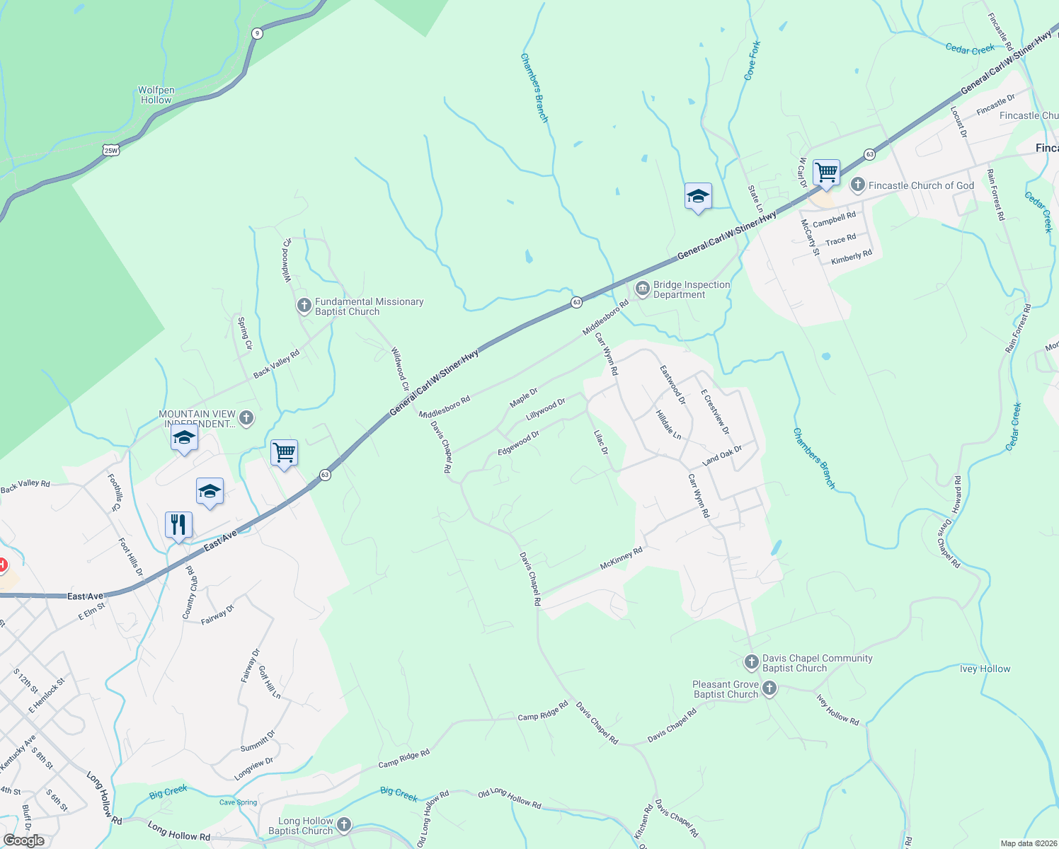 map of restaurants, bars, coffee shops, grocery stores, and more near 150 Lillywood Drive in LaFollette