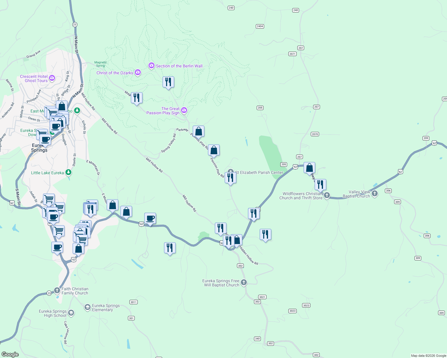map of restaurants, bars, coffee shops, grocery stores, and more near 440 Passion Play Road in Eureka Springs