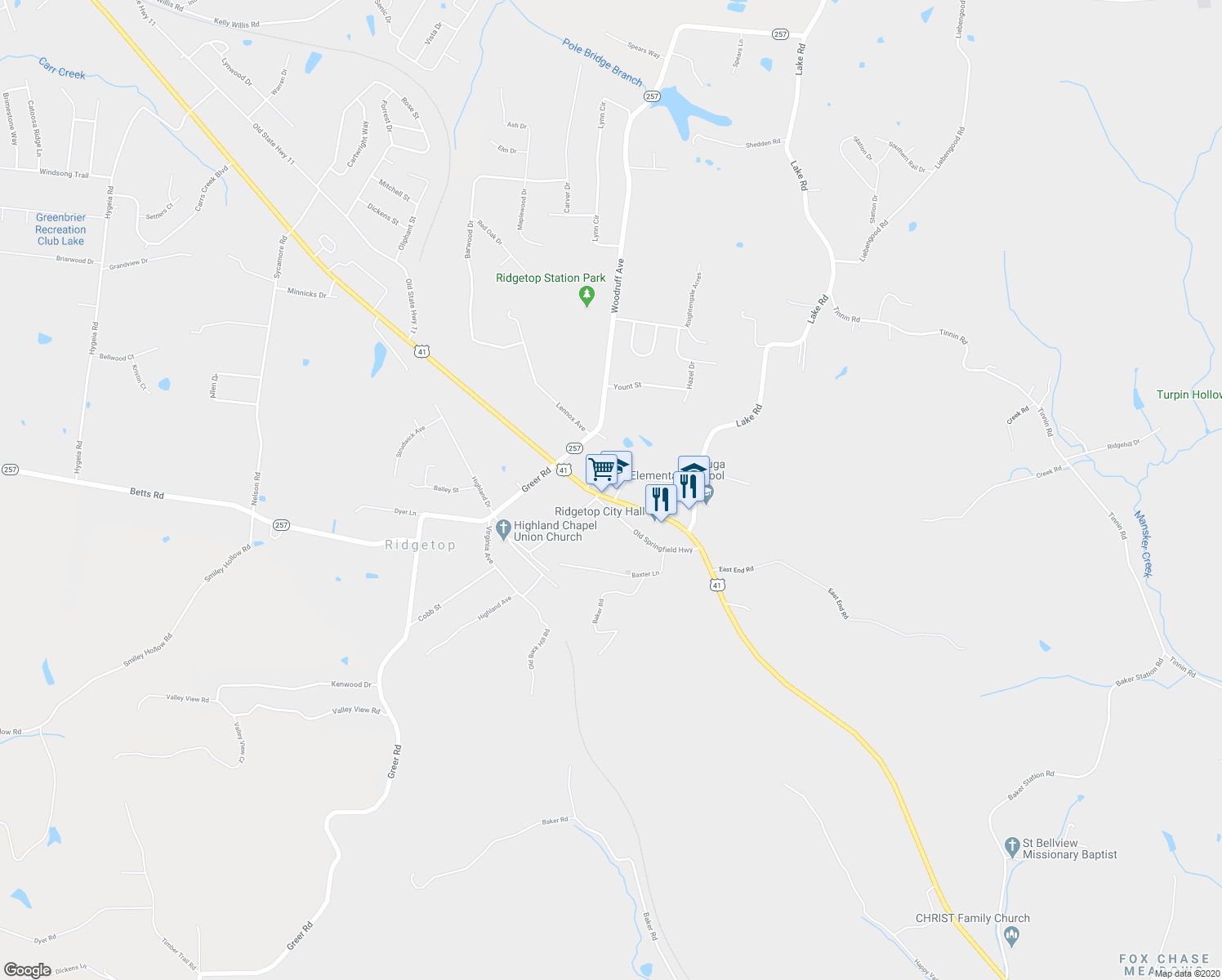 map of restaurants, bars, coffee shops, grocery stores, and more near 1765 U.S. 41 in Ridgetop