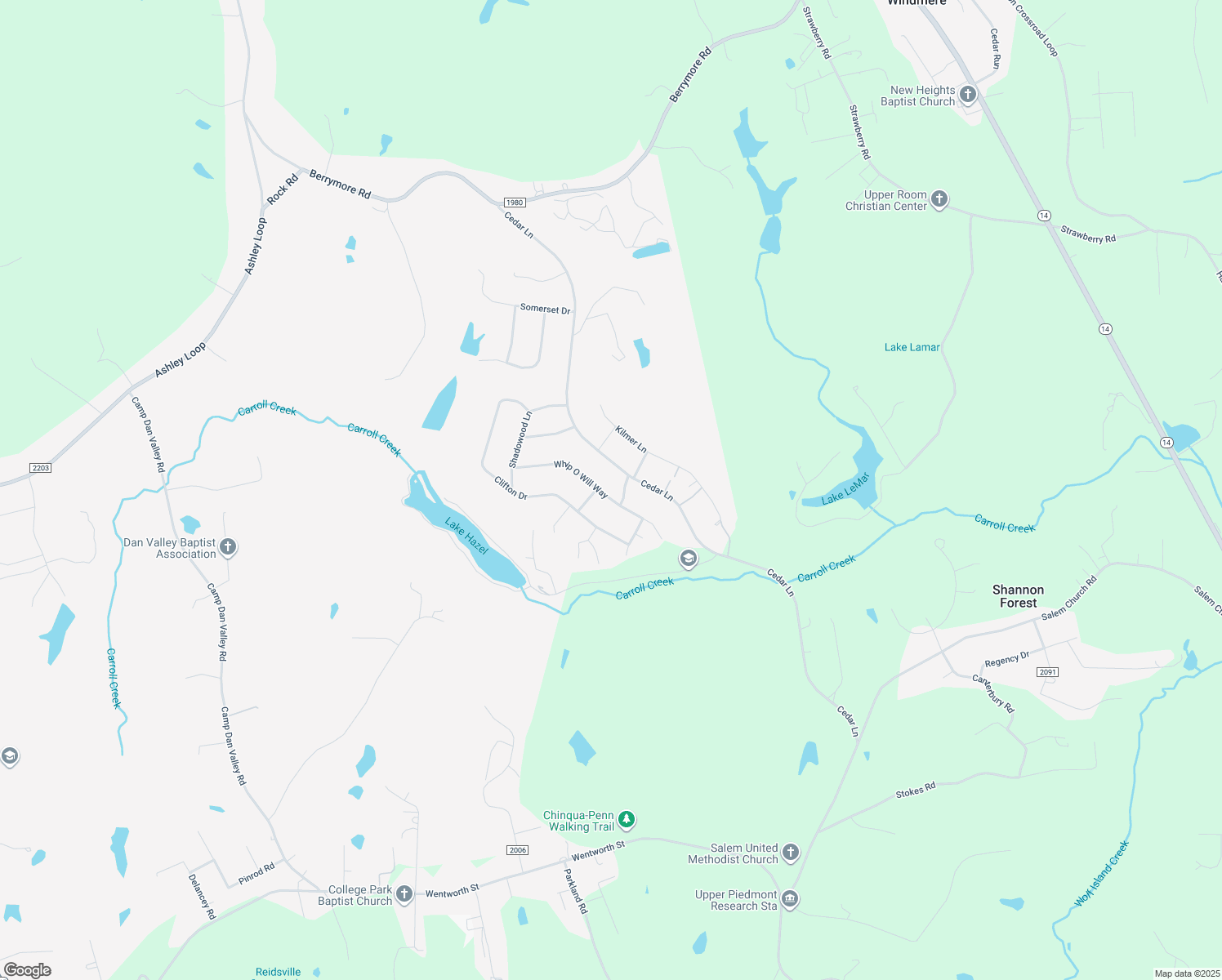 map of restaurants, bars, coffee shops, grocery stores, and more near 302 Whip O Will Way in Reidsville