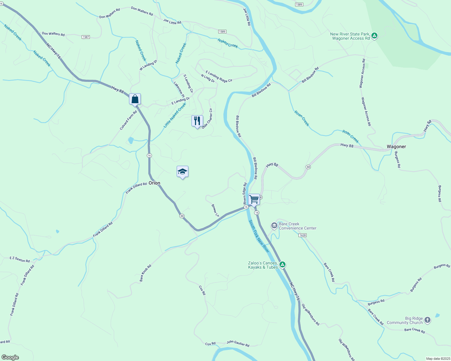 map of restaurants, bars, coffee shops, grocery stores, and more near 284 Rivers Edge Access Road in Jefferson