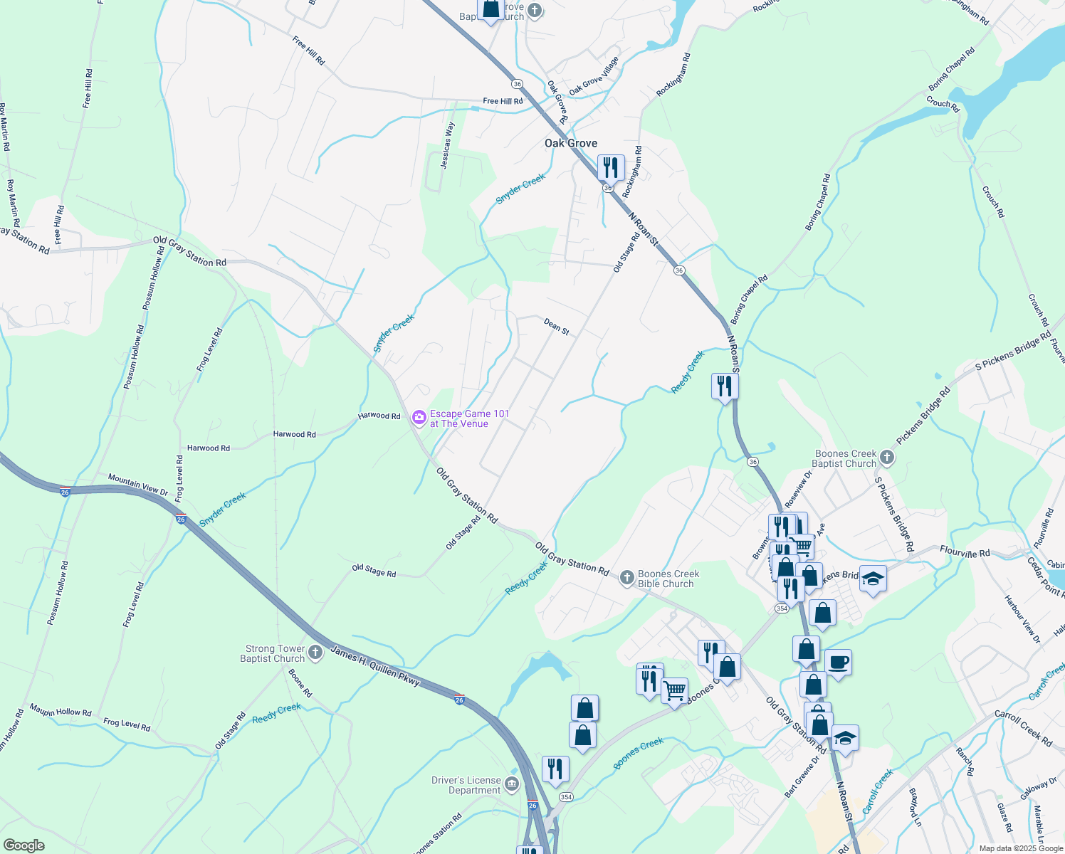 map of restaurants, bars, coffee shops, grocery stores, and more near 540 Old Stage Road in Johnson City