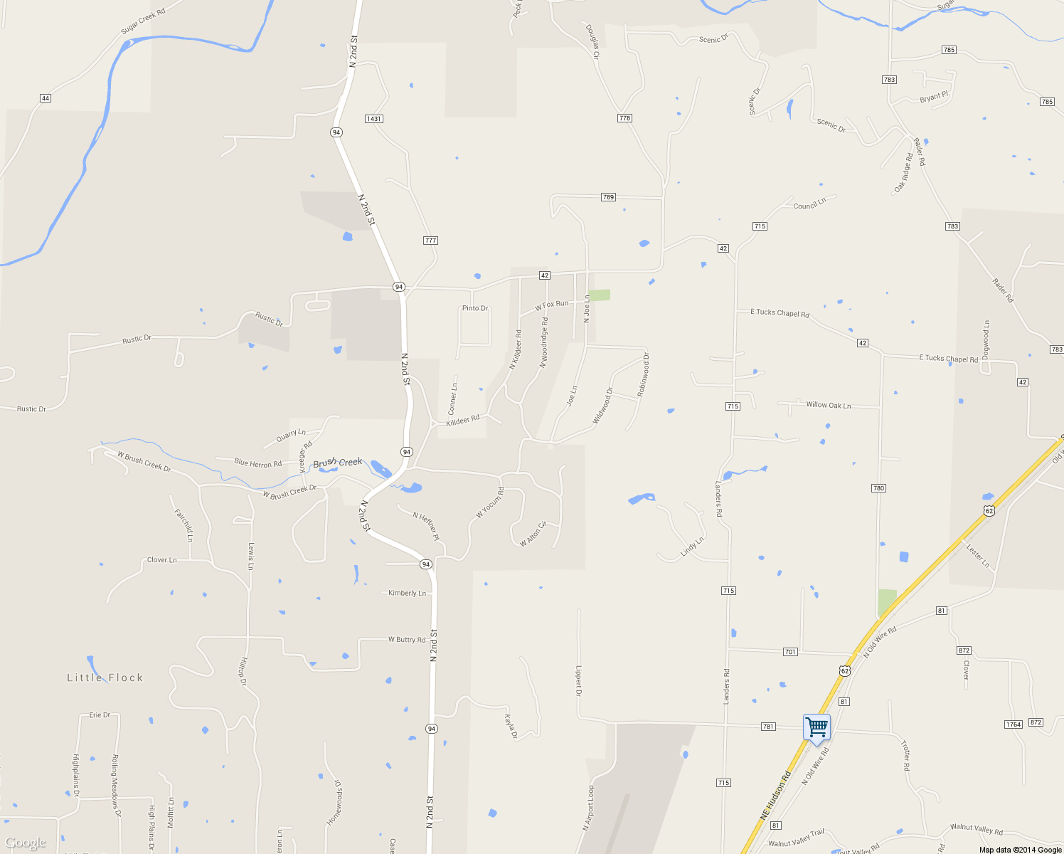 map of restaurants, bars, coffee shops, grocery stores, and more near 57 Wildwood Drive in Rogers