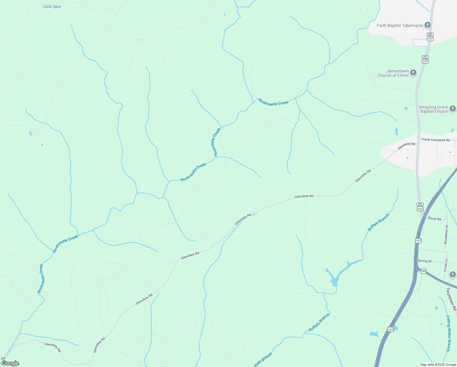 map of restaurants, bars, coffee shops, grocery stores, and more near Glenobey Road in Jamestown