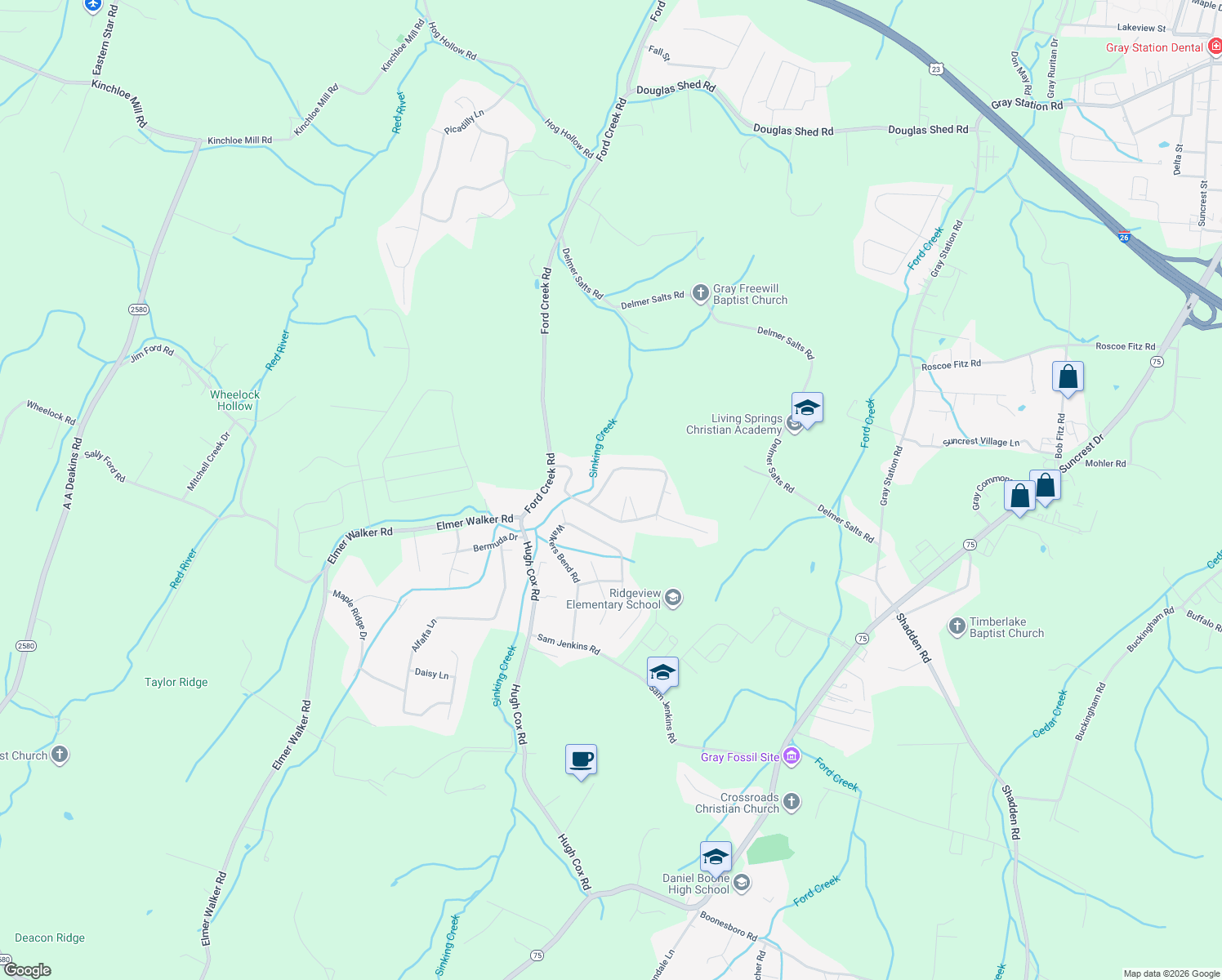 map of restaurants, bars, coffee shops, grocery stores, and more near 286 Highland Hills Drive in Gray
