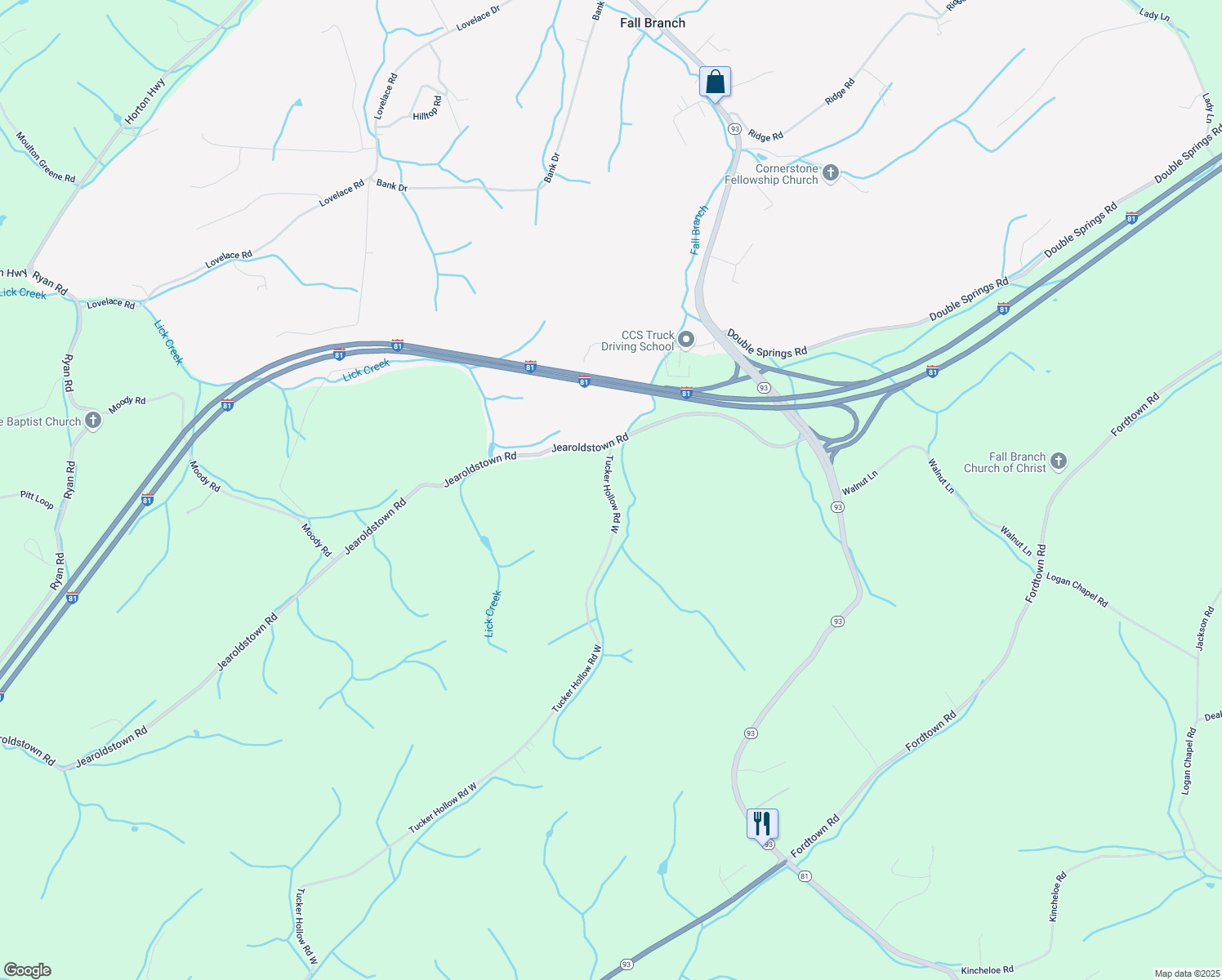 map of restaurants, bars, coffee shops, grocery stores, and more near 120 Tucker Hollow Road West in Fall Branch