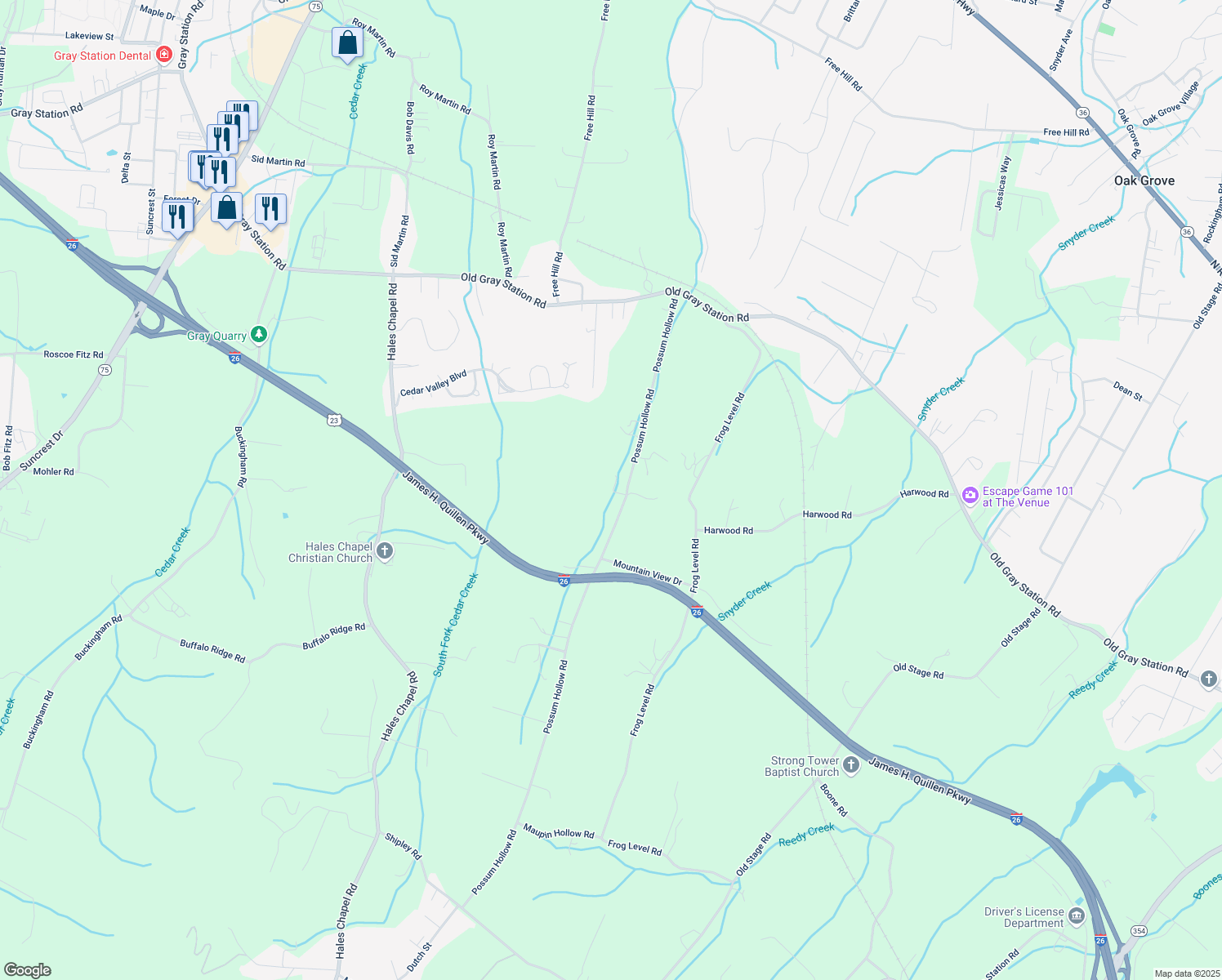 map of restaurants, bars, coffee shops, grocery stores, and more near 197-223 Possum Hollow Road in Johnson City