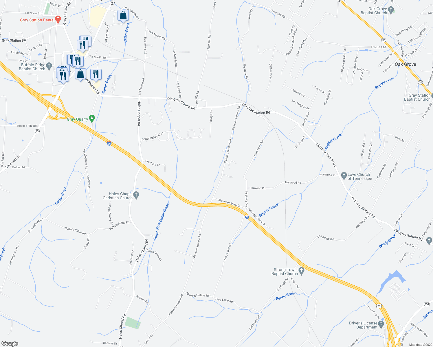 map of restaurants, bars, coffee shops, grocery stores, and more near 197-223 Possum Hollow Road in Johnson City