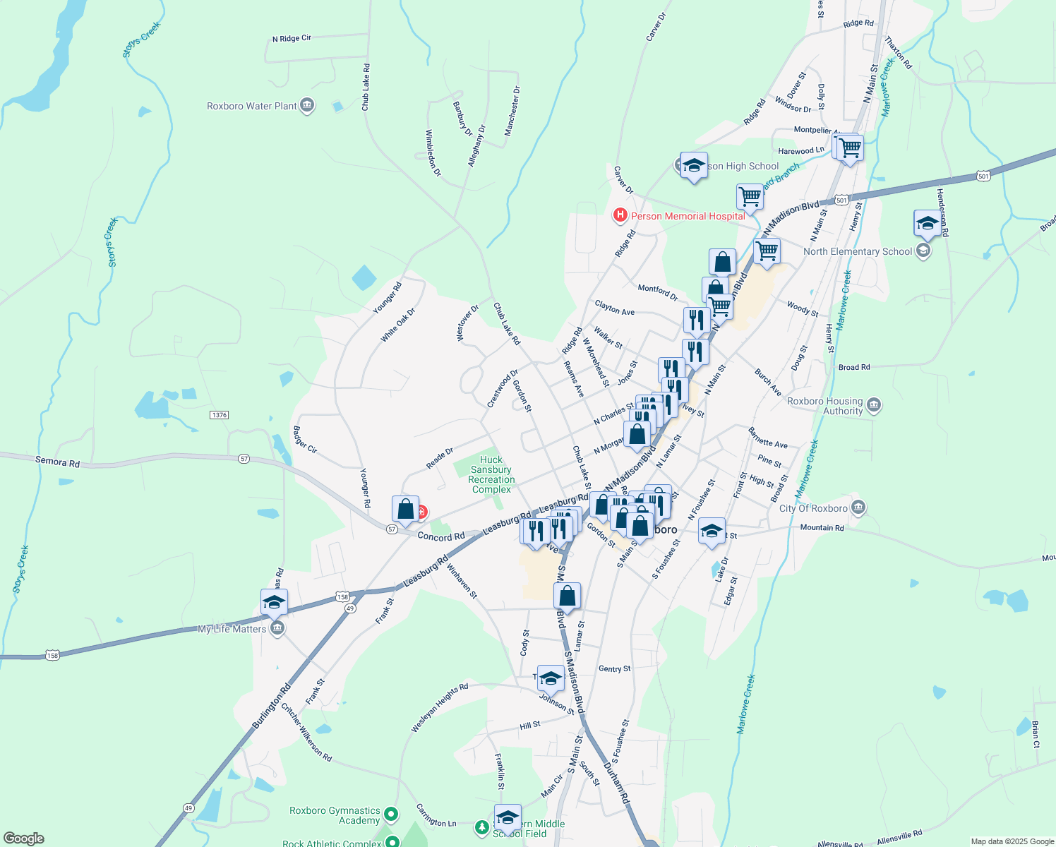 map of restaurants, bars, coffee shops, grocery stores, and more near 421 West Gordon Street in Roxboro