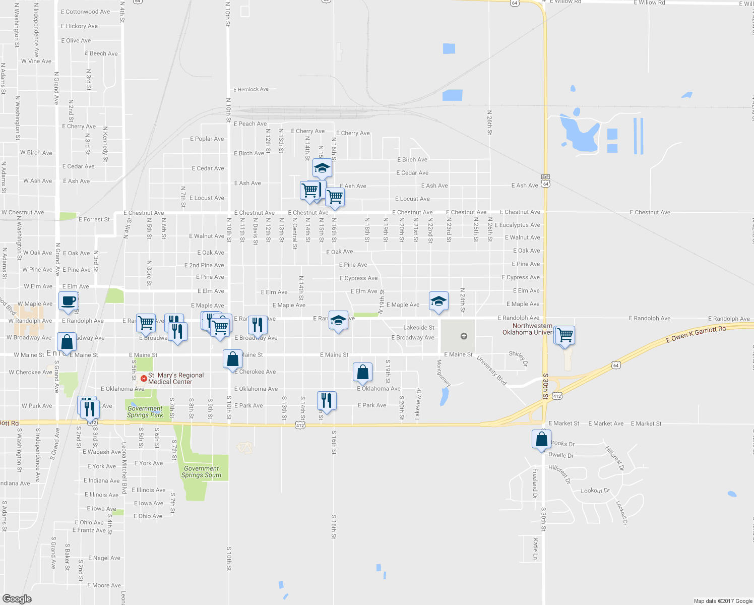 map of restaurants, bars, coffee shops, grocery stores, and more near 1832 East Maple Avenue in Enid