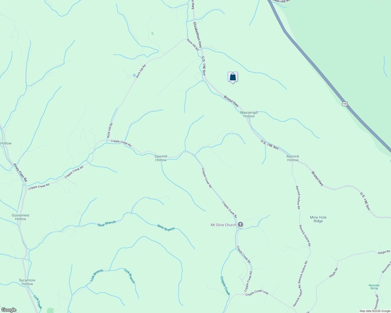 map of restaurants, bars, coffee shops, grocery stores, and more near Cripple Creek Road in Watauga