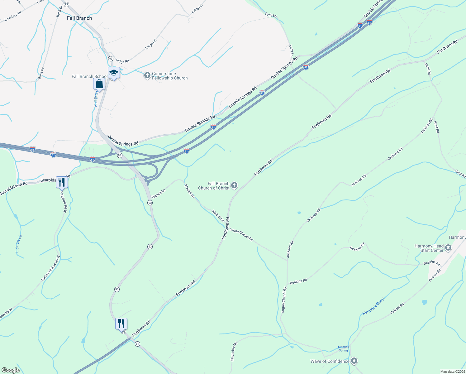 map of restaurants, bars, coffee shops, grocery stores, and more near 446-596 Fordtown Rd in Fall Branch