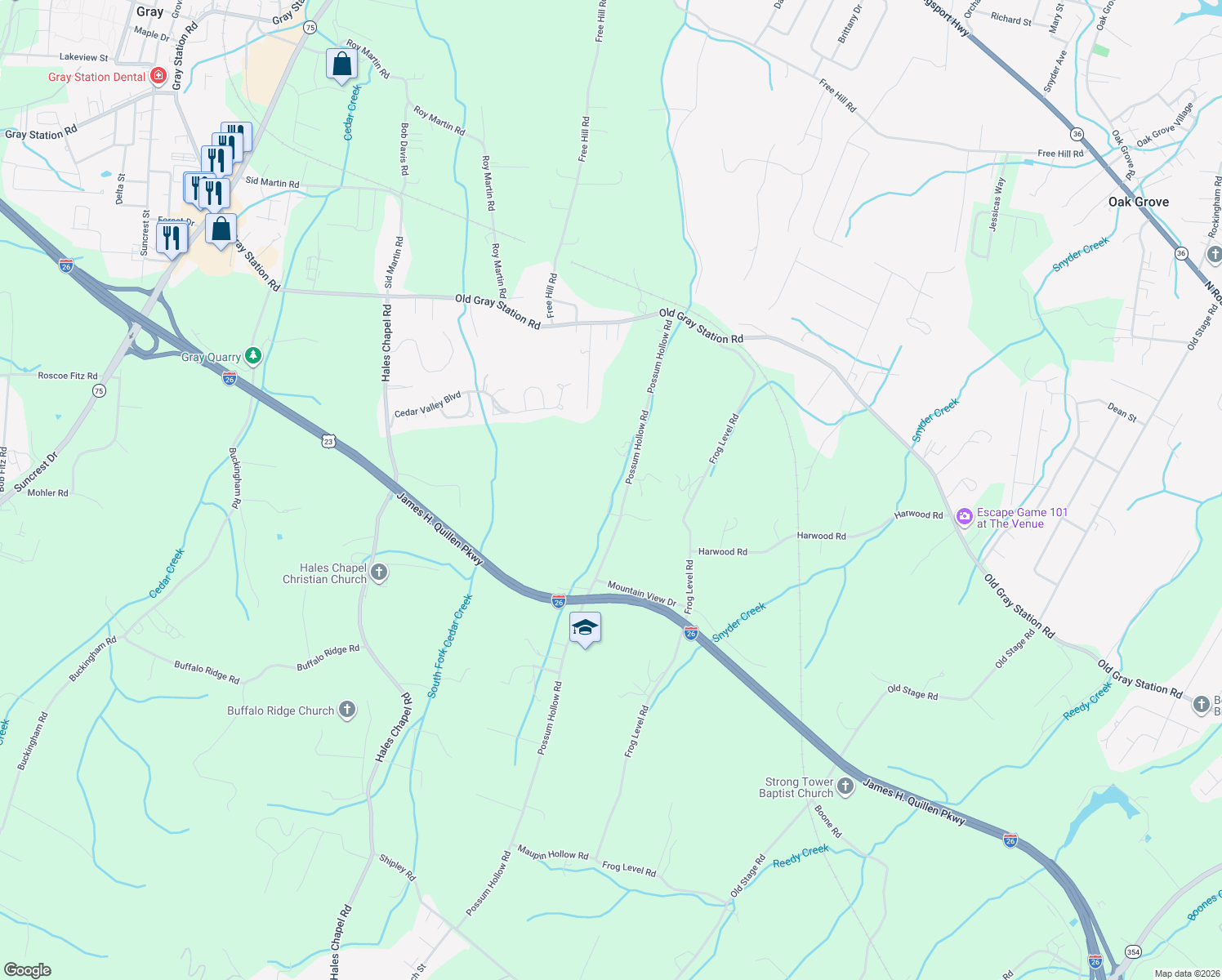 map of restaurants, bars, coffee shops, grocery stores, and more near in Gray