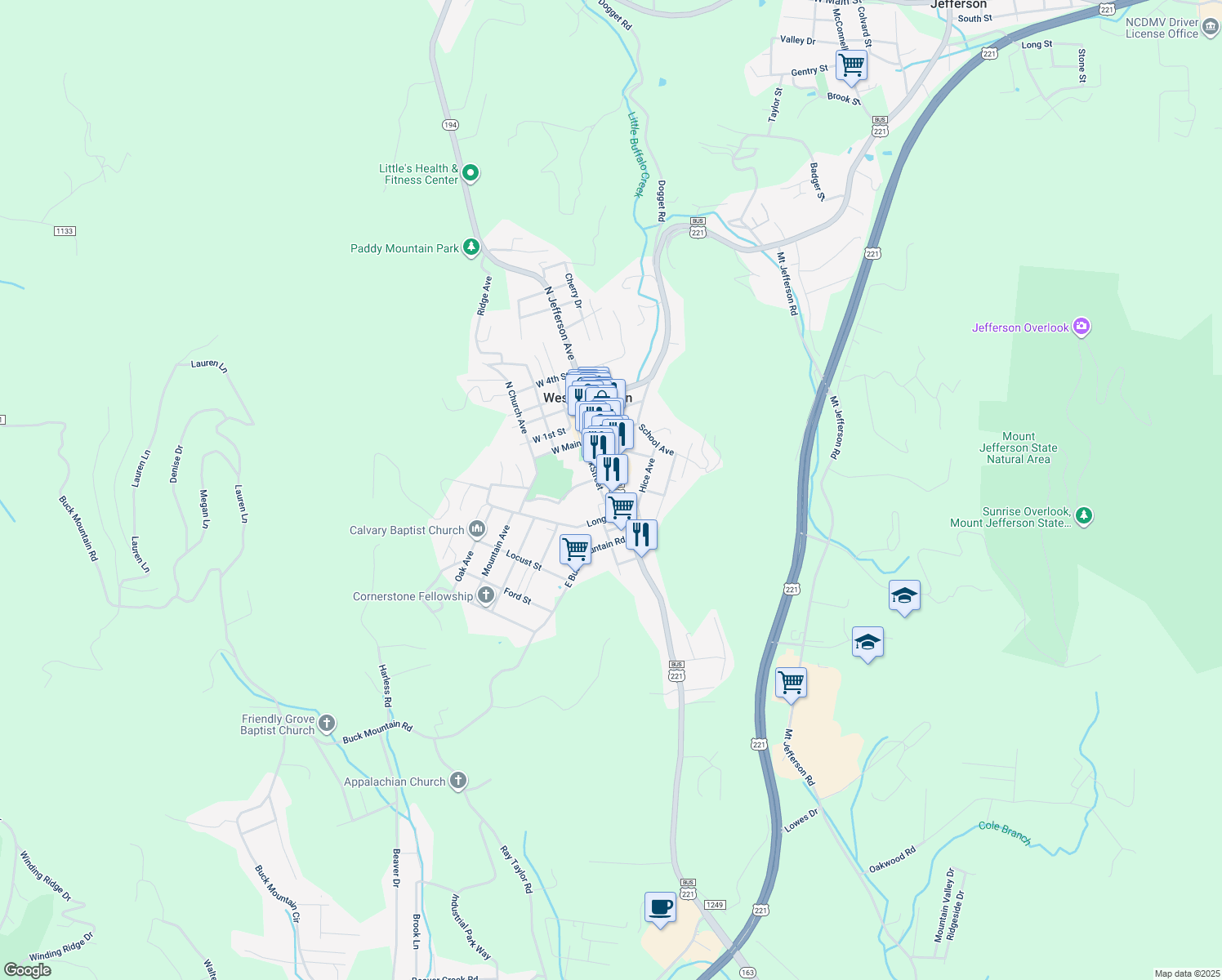 map of restaurants, bars, coffee shops, grocery stores, and more near 210 S Jefferson Ave in West Jefferson